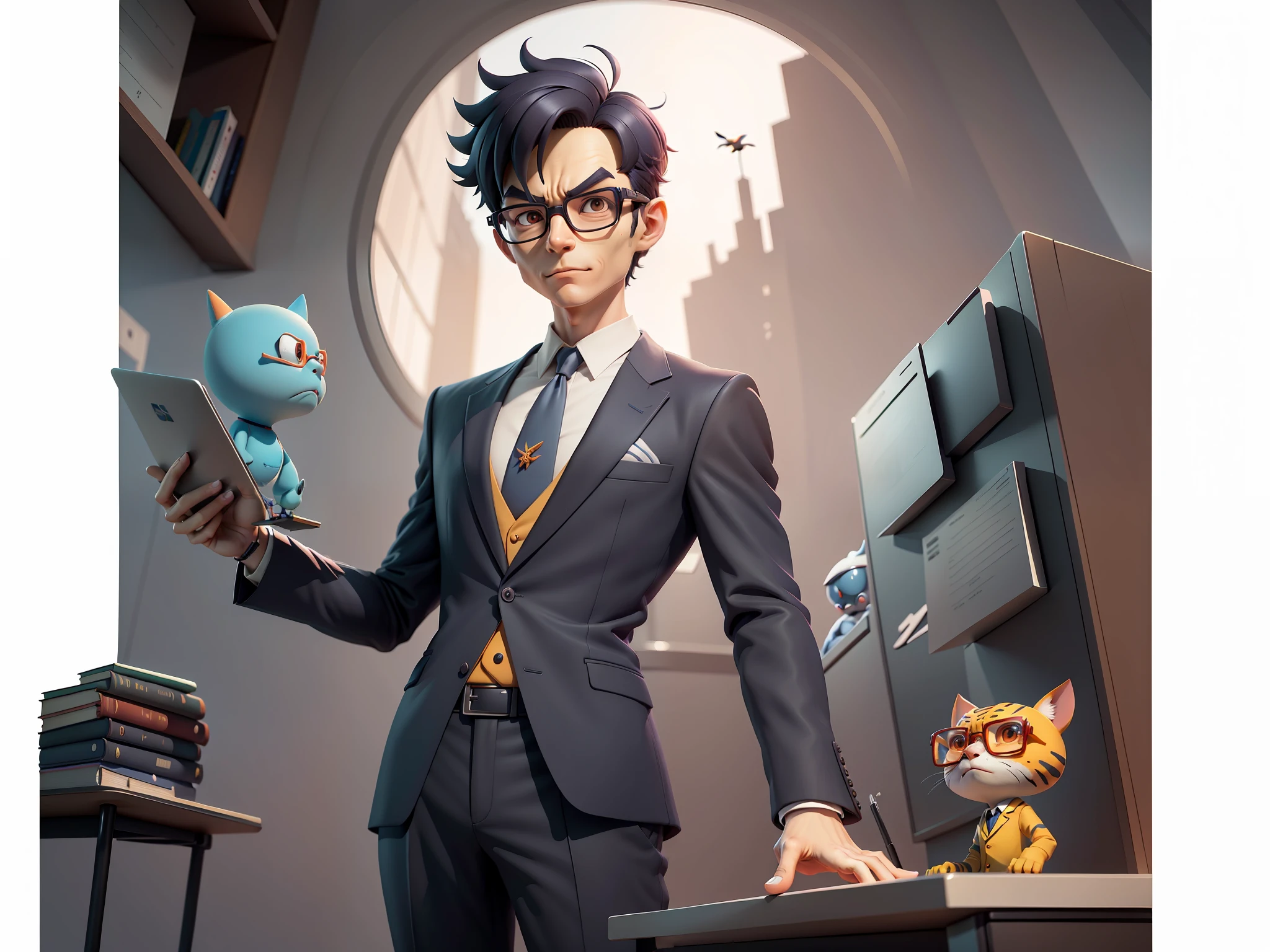 A young man in a suit and pants, Short hair and glasses sat at his desk,holding laptop,digitial painting,tigre,3D character design by Mark Clairen and Pixar and Hayao Miyazaki and Akira Toriyama,4K HD illustration,Very detailed facial features and cartoon-style visuals。