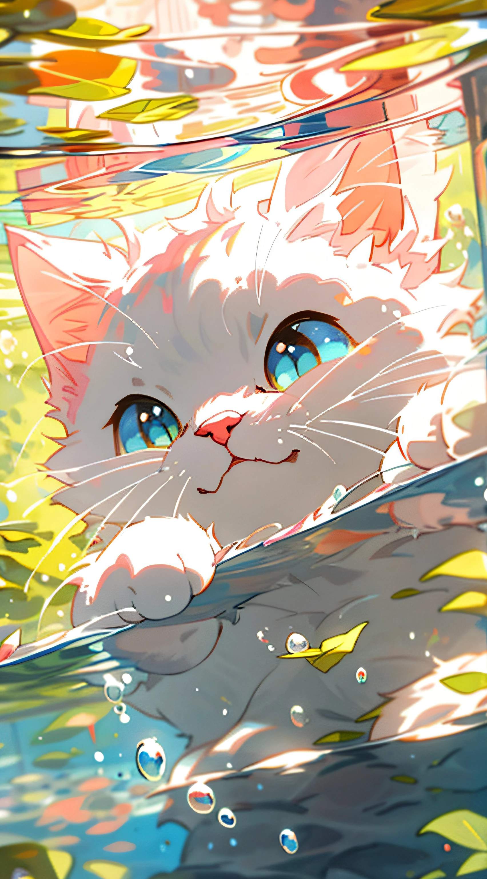 1 Cute cat，White cat，Pink cat's paw，closeup of face，portraitures，hairy pubic，leafs，No Man，Under the water，water bubbles，Buble，higher details，Rich in color，adorable smile，最好质量，8K，high saturated