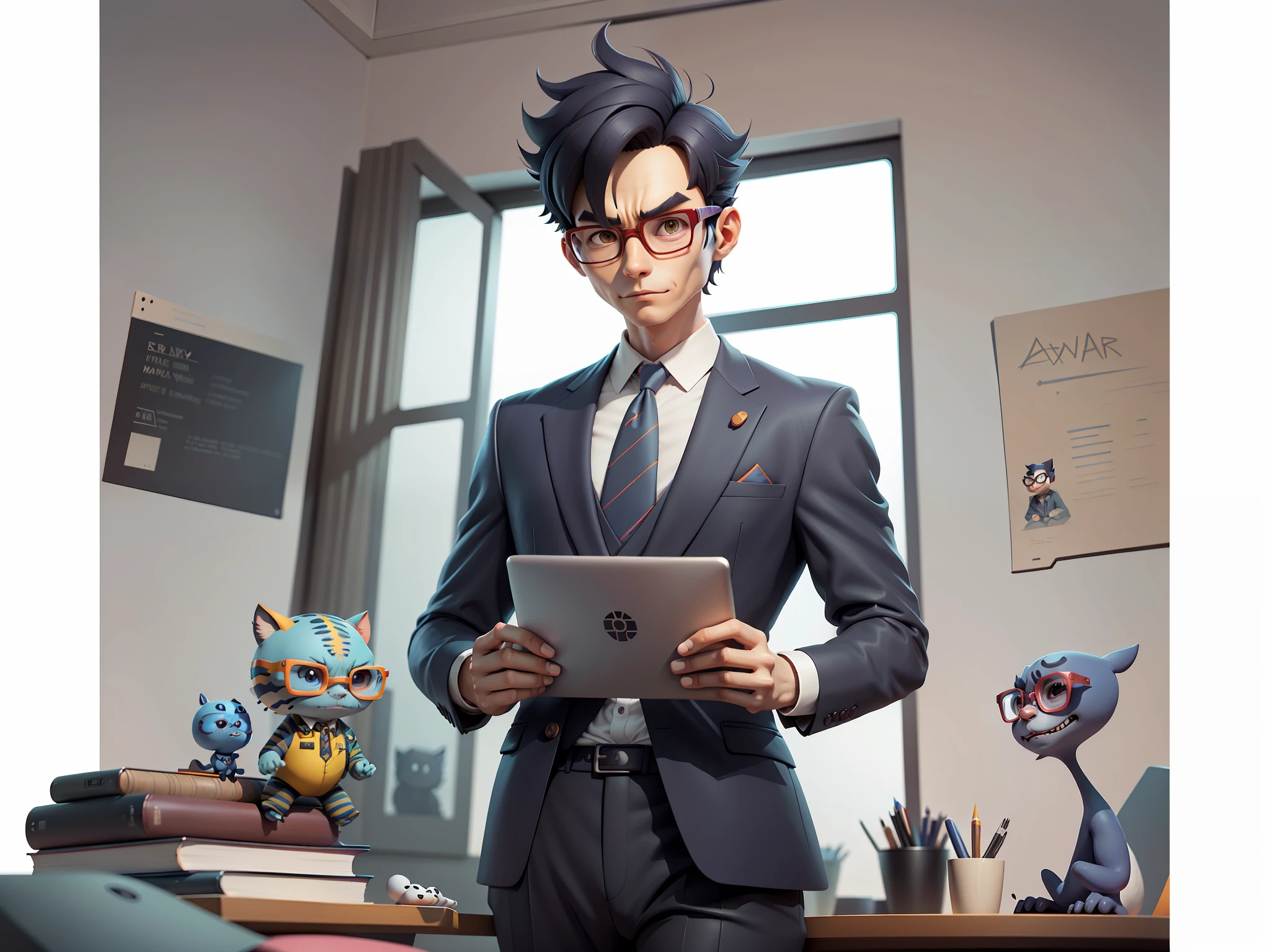 A young man in a suit and pants, Short hair and glasses sat at his desk,holding laptop,digitial painting,tigre,3D character design by Mark Clairen and Pixar and Hayao Miyazaki and Akira Toriyama,4K HD illustration,Very detailed facial features and cartoon-style visuals。