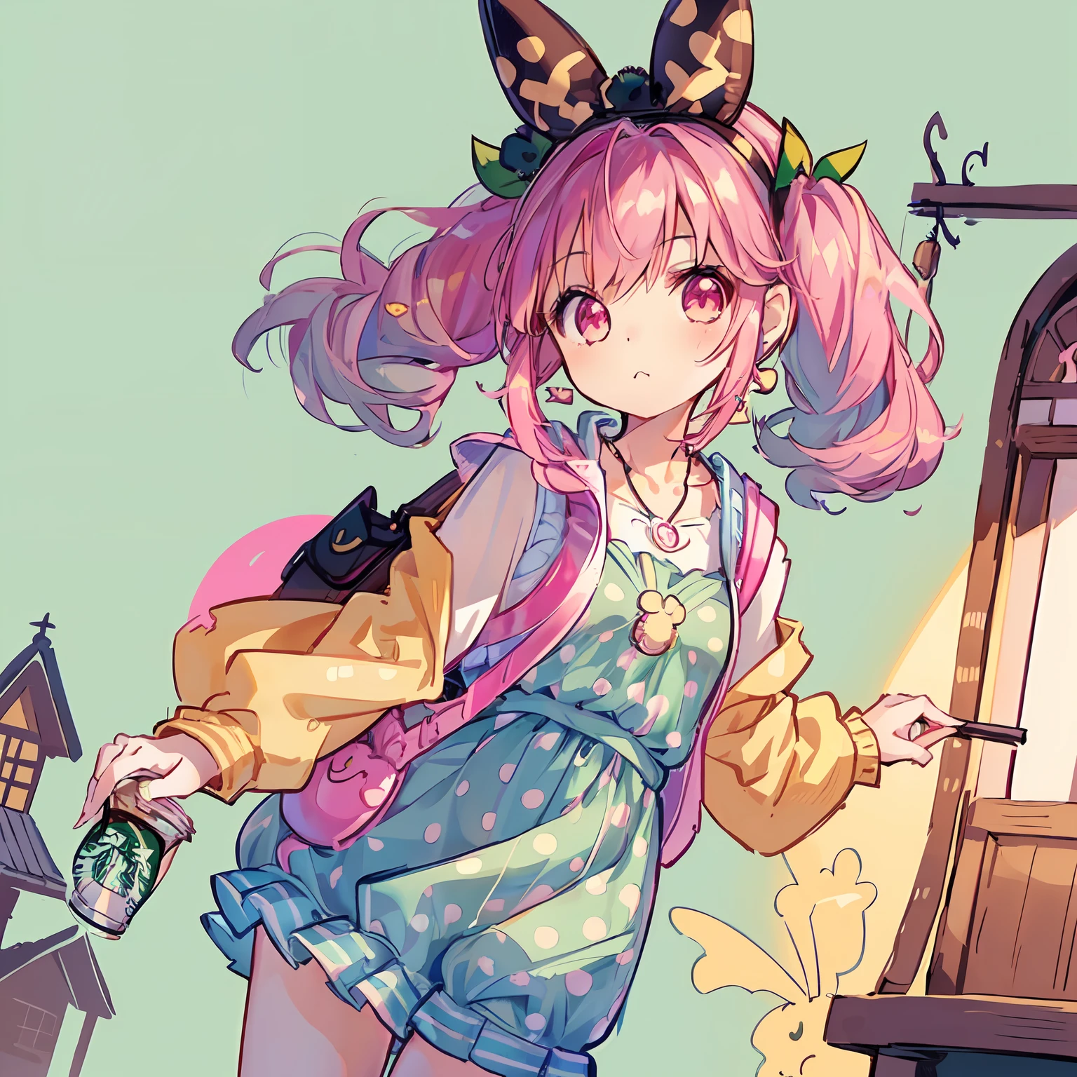 (Highly detailed CG Unity 8k wallpaper), (Best Quality), (Super Detail), (Best Illustration), (Best Shadow), POV, Realistic lighting and shading, Natural light, Lens flare effect, BREAK, 1 beautiful girl, Solo,(Cute:1.5),(Chibi:0.8), (kawaii:1.5),(Lori:0.5), BREAK, ((girl, Cute, Cheerful, face, slightly bulging chest,(Pink hair,disheveled short twin tails,tareme:1.2), gleaming skin, Stuffed rabbit,BREAK,(rucksack:1.2), (Denim jacket over polka dot dress:1.2), (Black rabbit ear headband:1.0), (Red shoes:1.0), (Earrings in the shape of a moon:1.1), (a necklace:1.3), (The surprised face when I saw my sister fall,The face is pale, Staring ,empty mouth:1.1), (Drink Iced Coffee Big Size:1.3), (Starbucks Background:1.3),(in a house:1.5),