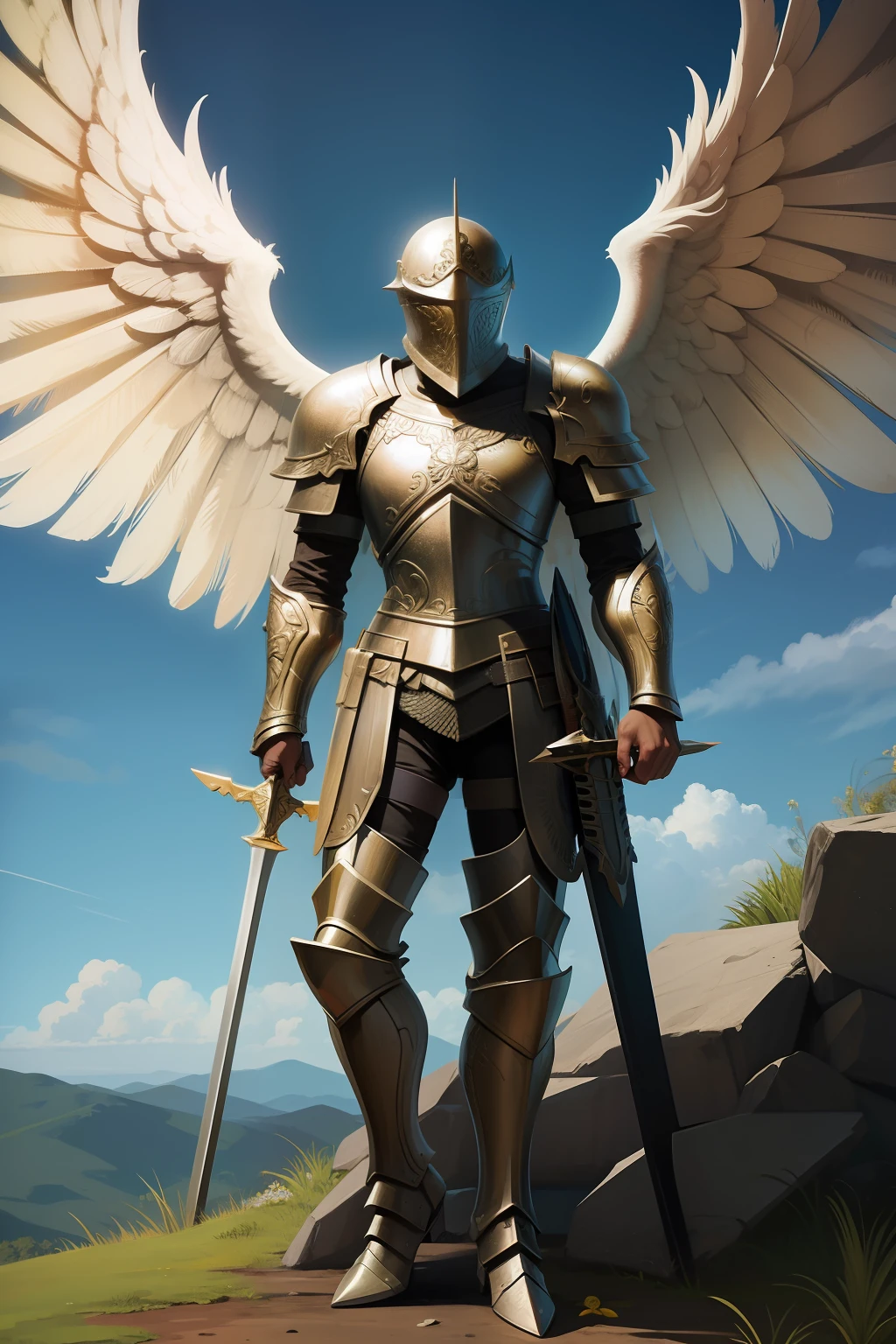 anjo guerreiro cercado de inimigos levitando com armadura, bem detalhado. HDR