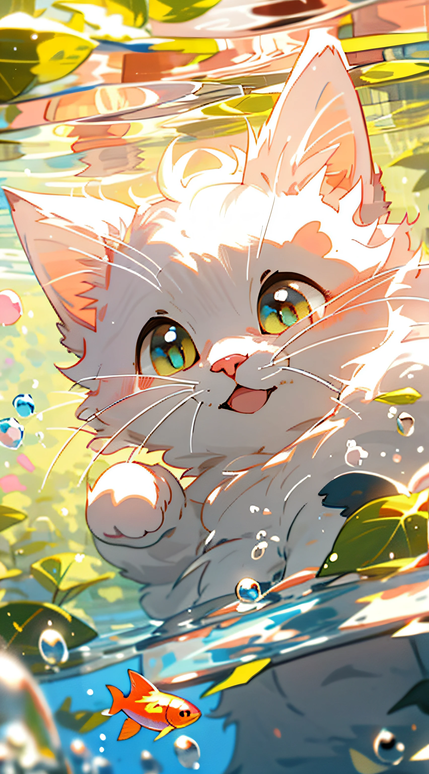 1 Cute cat，White cat，Pink cat's paw，closeup of face，portraitures，hairy pubic，leafs，No Man，Under the water，water bubbles，Buble，higher details，Rich in color，adorable smile，最好质量，8K，high saturated