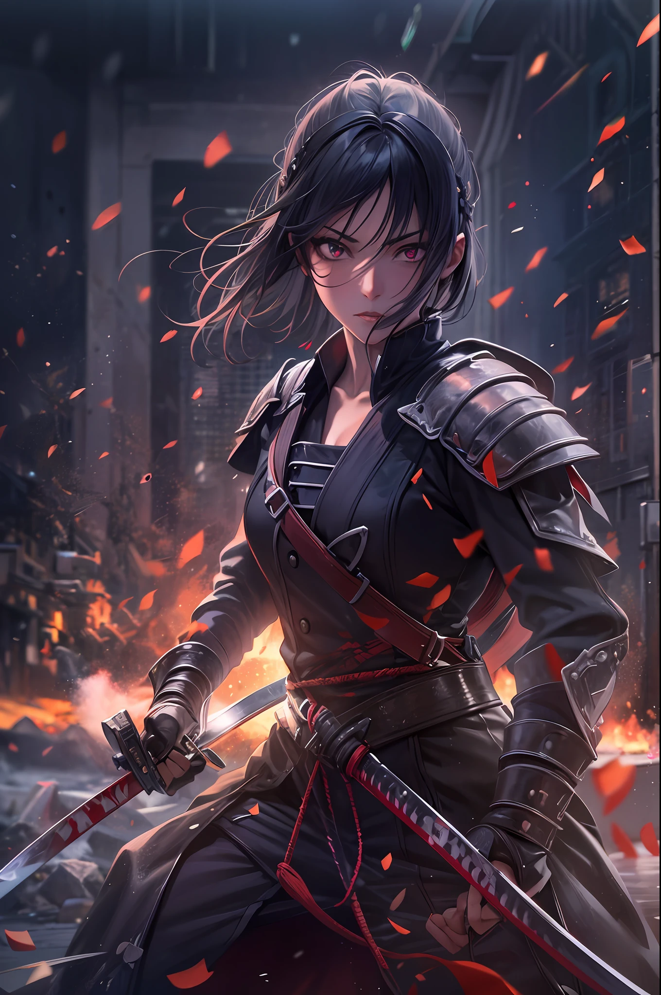 a beautiful female wields a katana to her enemy, in cracked black japanese armor without helmet, black headband on her forehead, blood and fire around the war field, ray tracing, reflection light, wide shot, motion blur, sparkle, masterpiece, high quality, best quality, high details, textured skin, anatomically correct, ccurate, UHD, 1080P