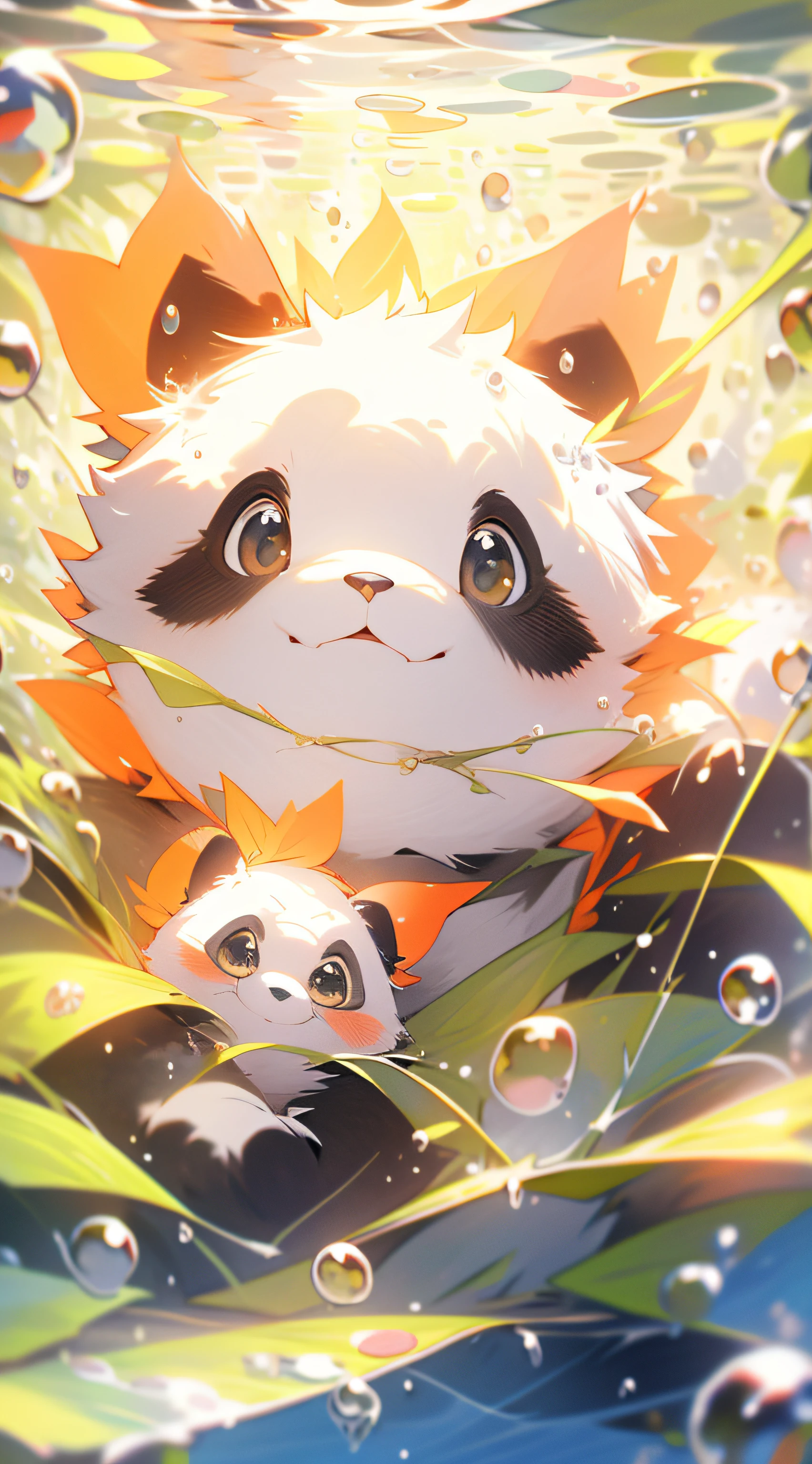 1 Cute puppet cat，closeup of face，portraitures，hairy pubic，leafs，No Man，Under the water，water bubbles，Buble，higher details，Rich in color，adorable smile，最好质量，8K，high saturated