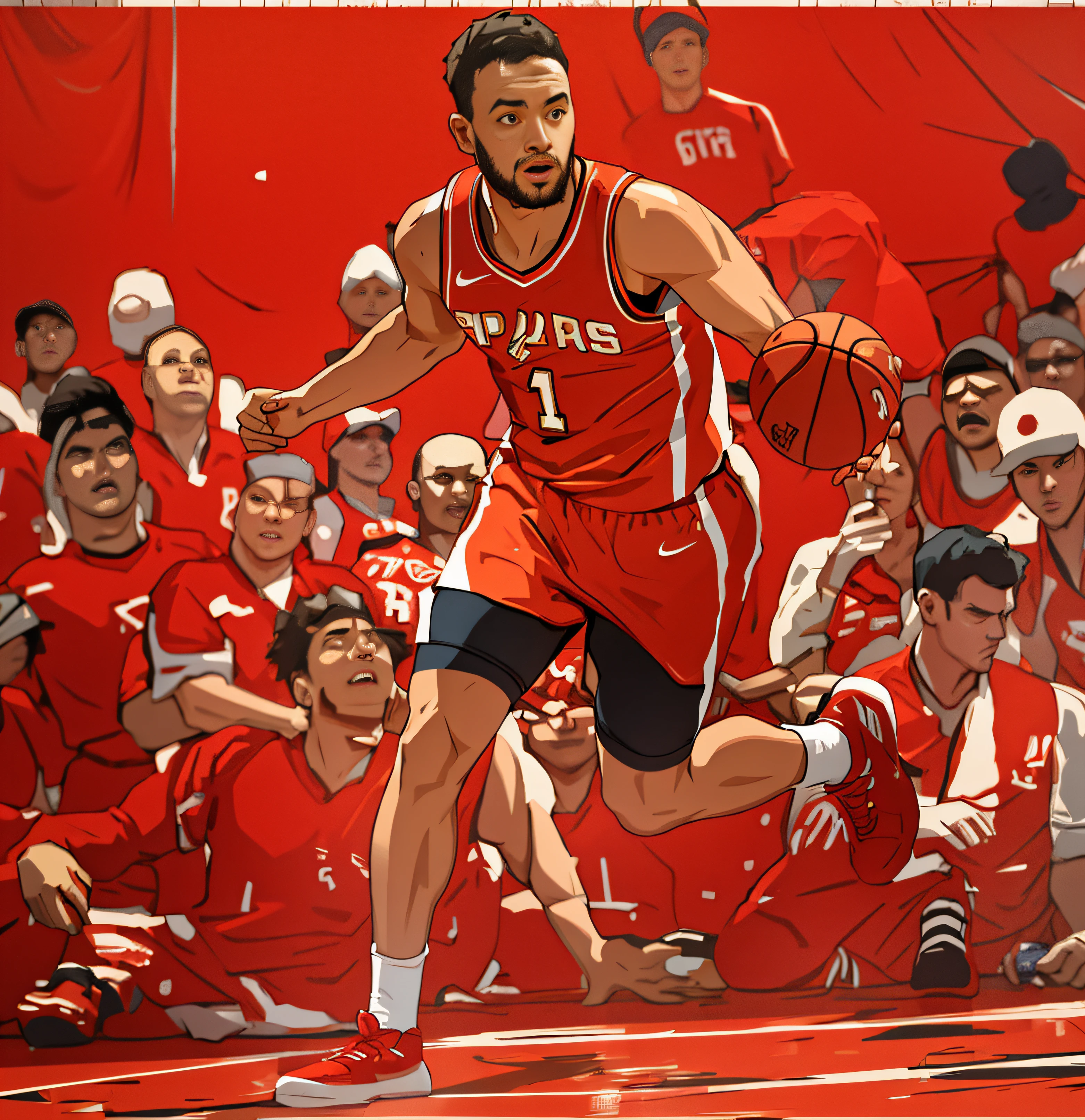 Line drawing，Line stroke，Lee Kyle，hand painted style，lineworks，sense of strength，basketball player，Red clothes，Shooting，basketball ball，Exquisite poster，best qualtiy，high high quality