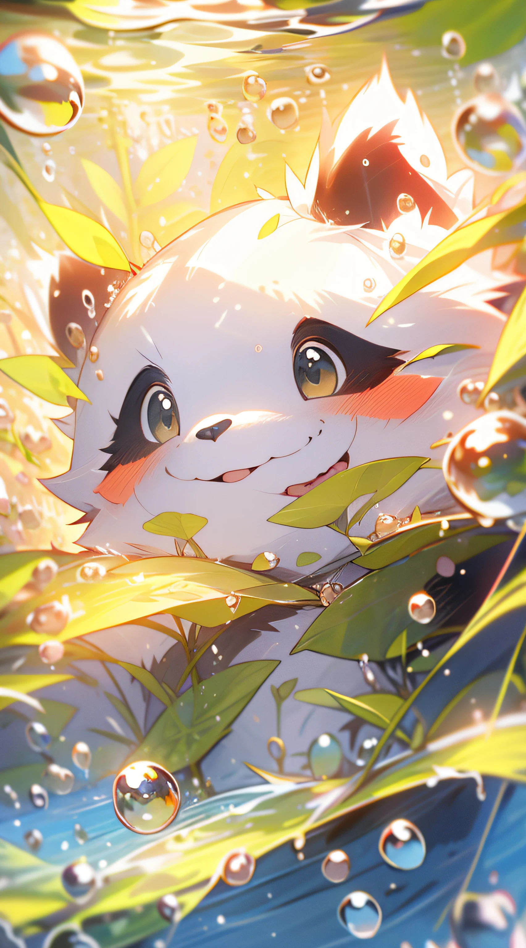 1 Cute puppet cat，closeup of face，portraitures，hairy pubic，leafs，No Man，Under the water，water bubbles，Buble，higher details，Rich in color，adorable smile，最好质量，8K，high saturated