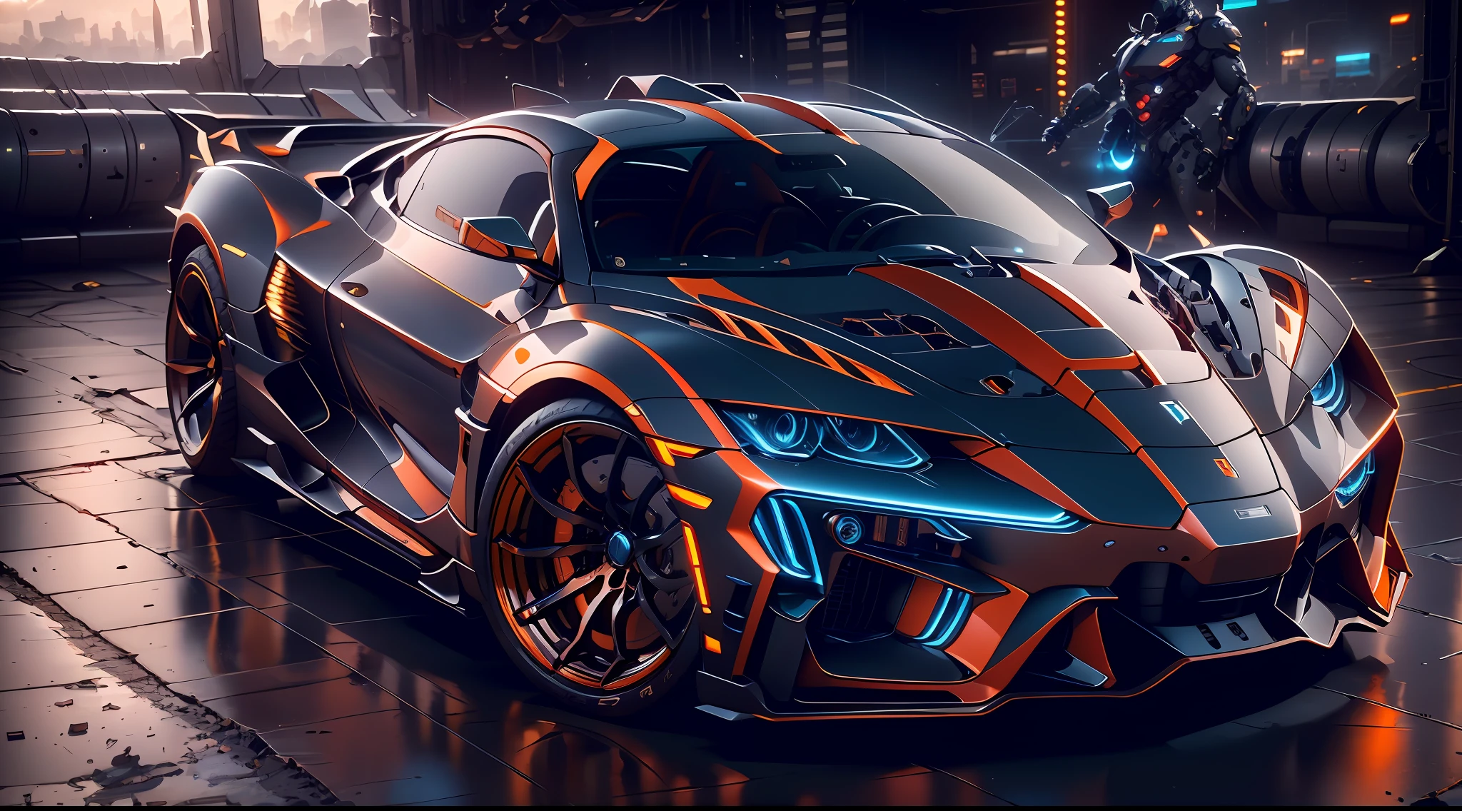 A sports car，mechs，Background cyberpunk，Best picture quality，High chiaroscuro，Cinematic texture，C4D render，Sharpen 1.4，Strong realism，The metal material is real，High detail and ultra-high image quality1.5，16K resolution，