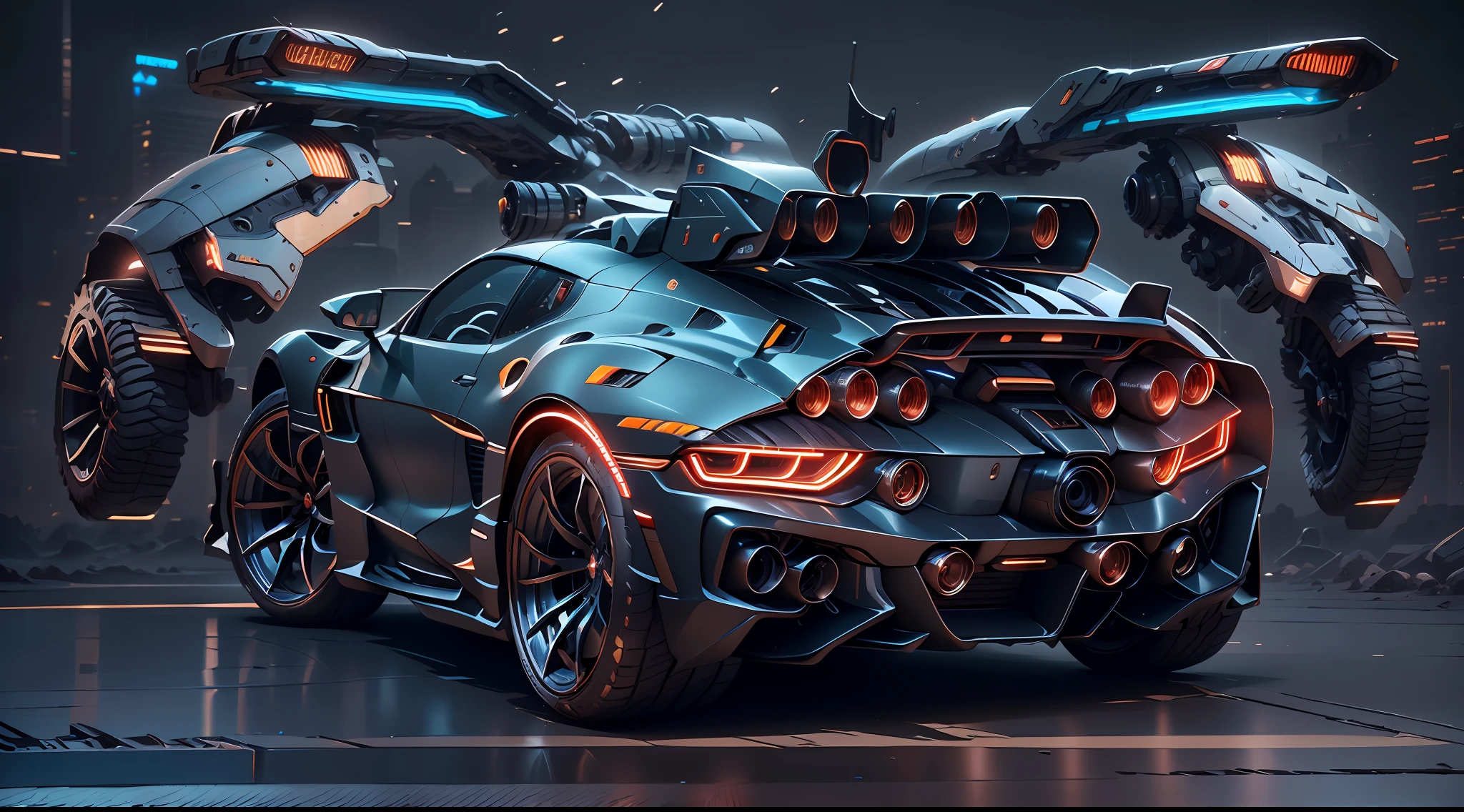 A sports car,mechs,Background cyberpunk,Best picture quality,High chiaroscuro,Cinematic texture,C4D render,Sharpen 1.4,Strong realism,The metal material is real,High detail and ultra-high image quality1.5,16K resolution,