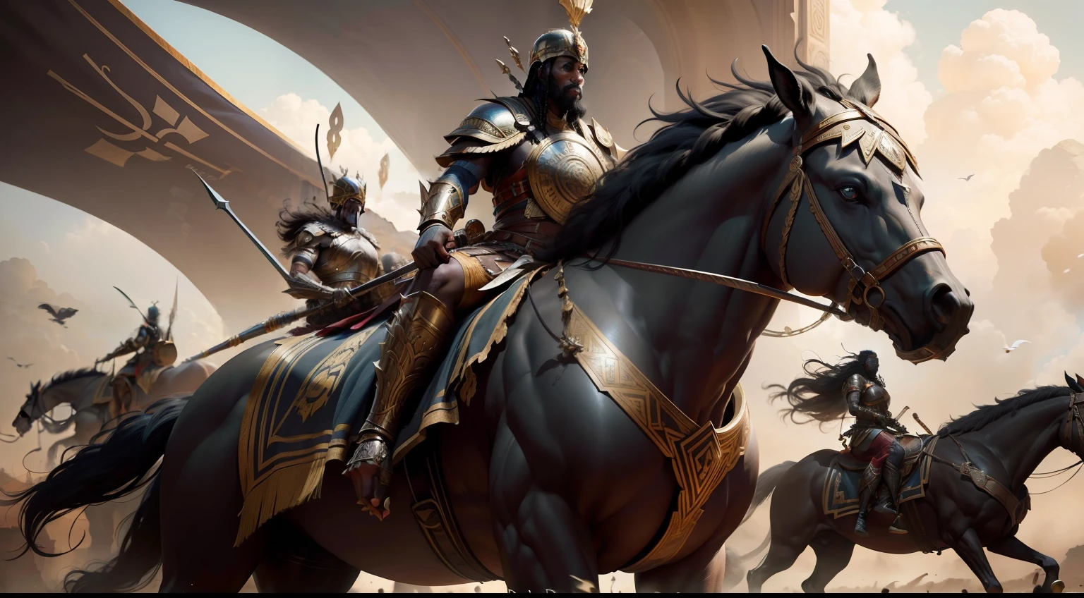 Large ancient Ashanti warriors going to war, trending on artstation, sharp focus, studio photo, intricate details, highly detailed, by greg rutkowski