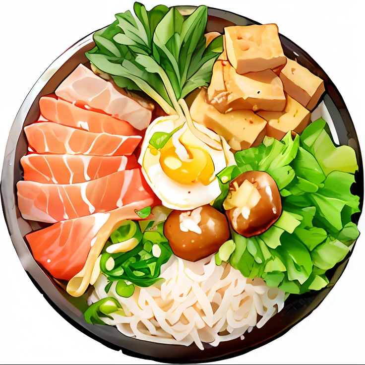 A close-up of a plate of meat, Vegetables, and eggs, tofu,shiitake,Amazing food illustration, super realistic food picture, realistic photo of delicious pho, Hand-painted cuisine, inspired by Tan Ting-pho, hayao, sougetsu, author:Xiu Wen Tianzheng, ❤🔥🍄🌪, negao, Noodles
