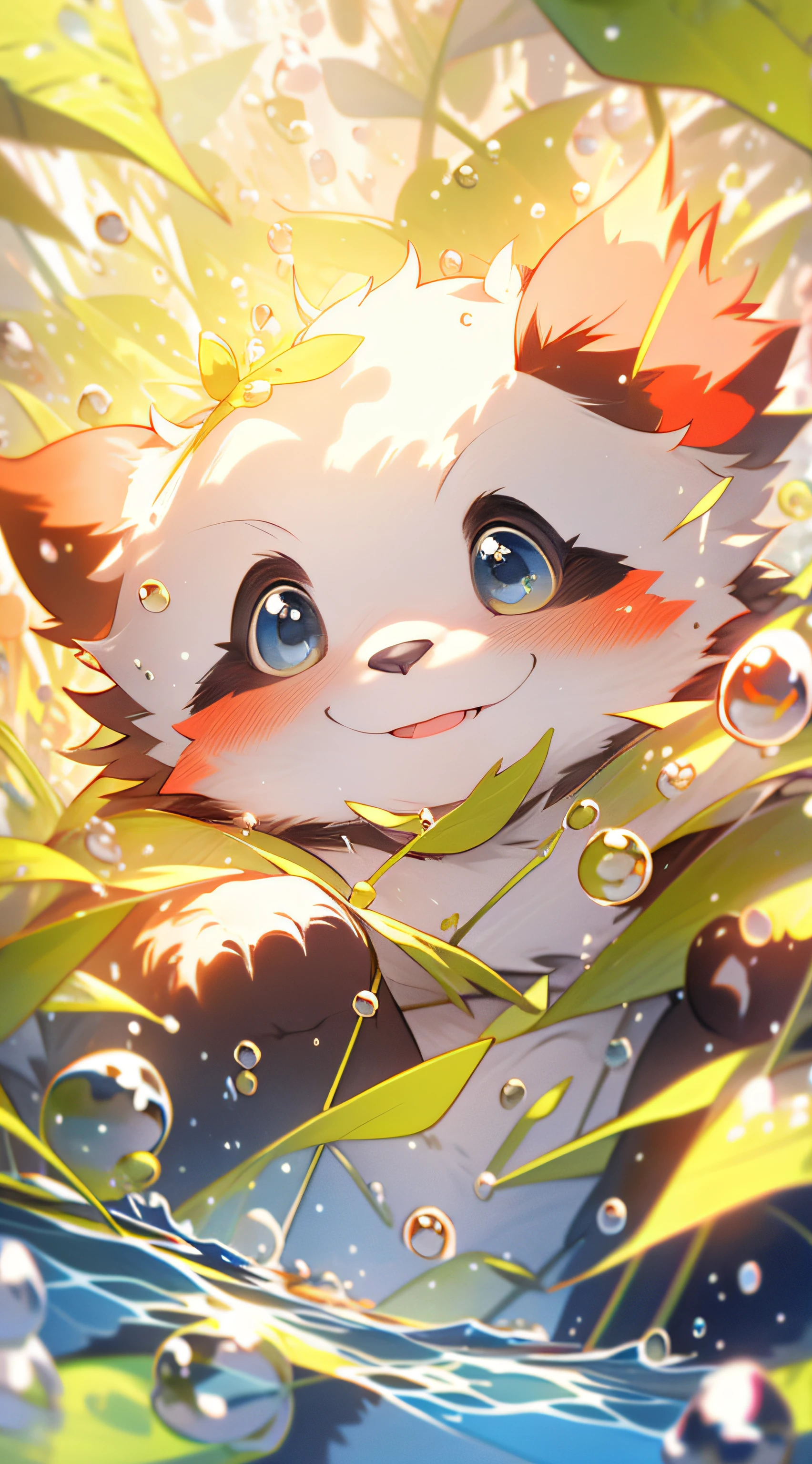 1 Cute puppet cat，closeup of face，portraitures，hairy pubic，leafs，No Man，Under the water，water bubbles，Buble，higher details，Rich in color，adorable smile，最好质量，8K，high saturated