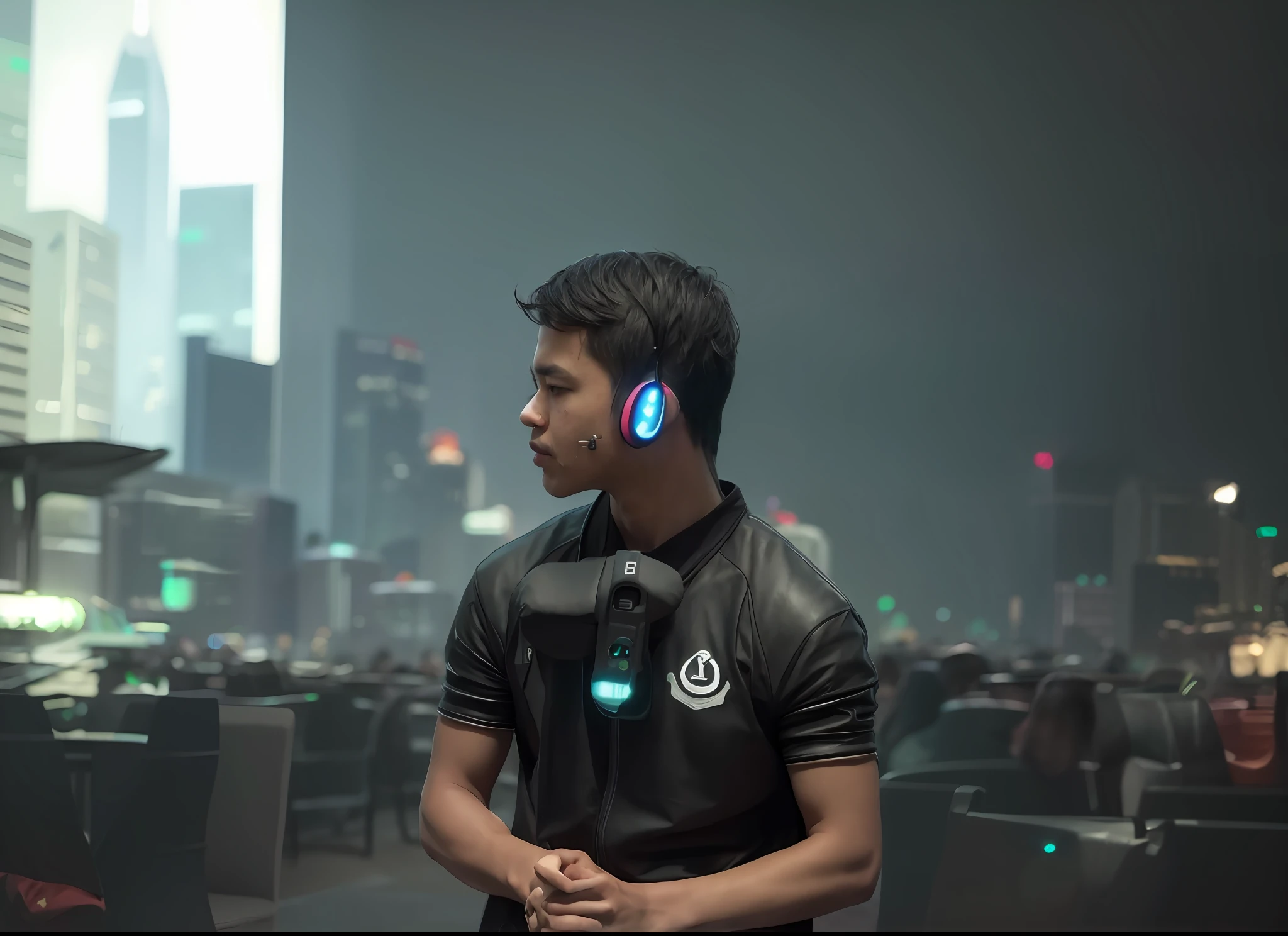 Headphone, realistic face, change background cyberpunk,
