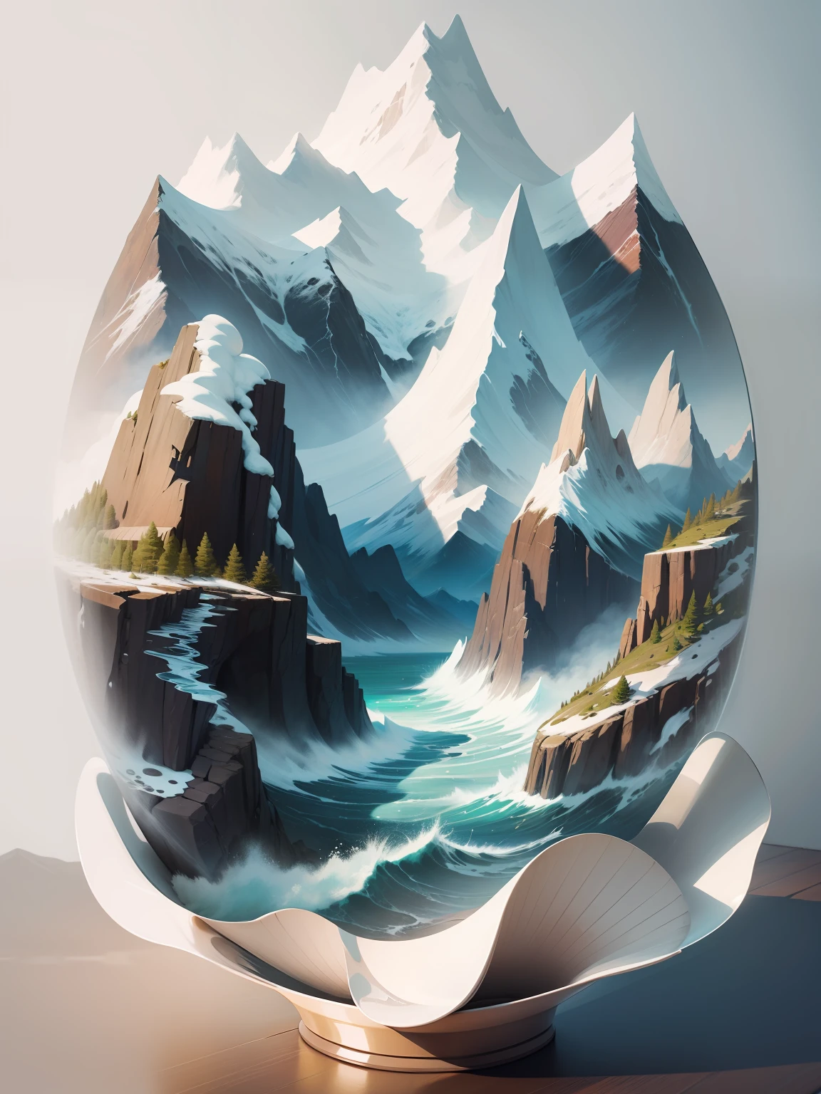 The bowl contains mountains and the sea，Cartoon comics style