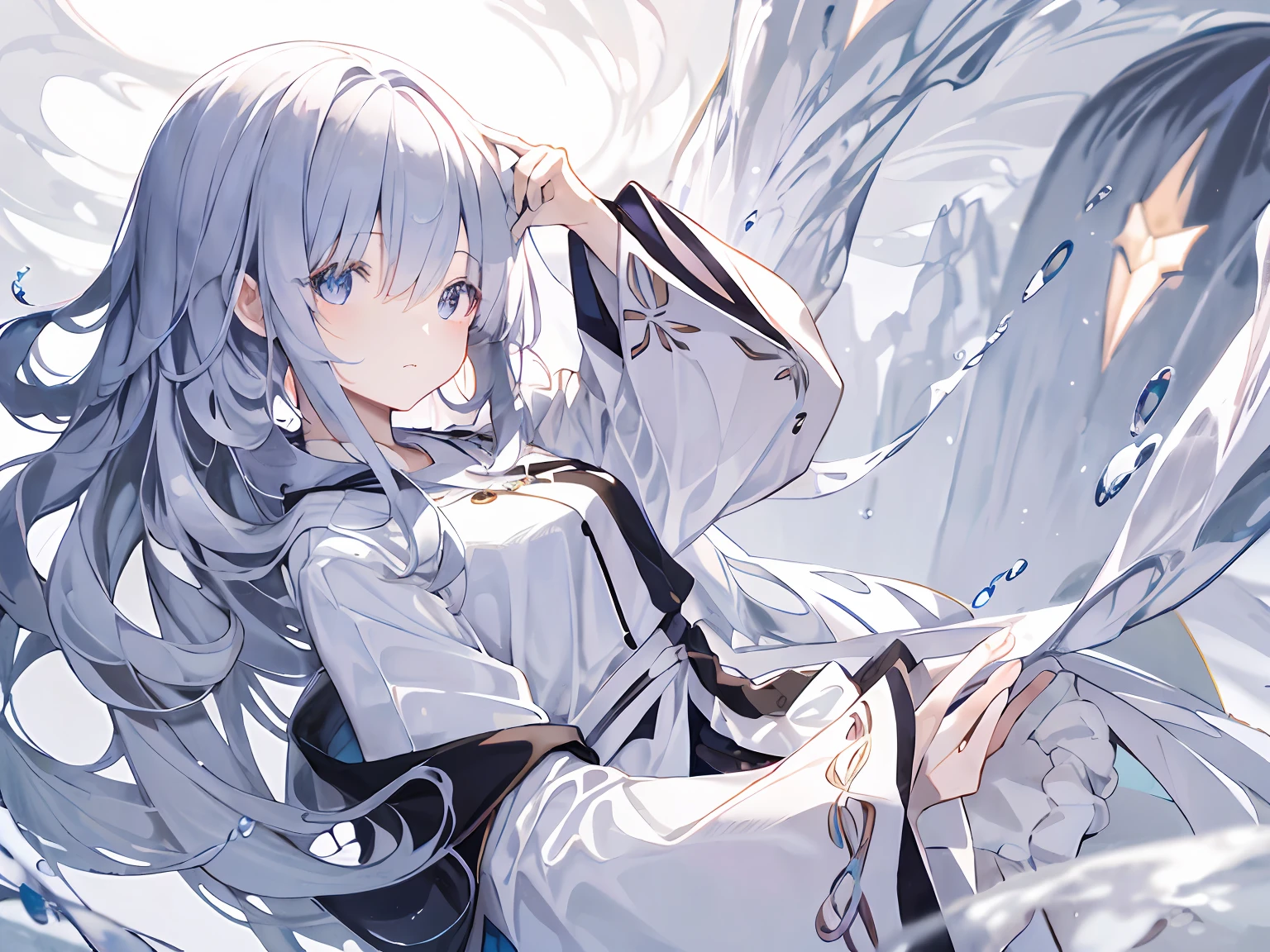 (Background with), tmasterpiece, best qualtiy, illustration, hyper-detailing, 1girll, 独奏, beatiful detailed eyes,Heteropupil
Hair, long whitr hair, magical girl, Looks to the side, mostly cloudy sky,