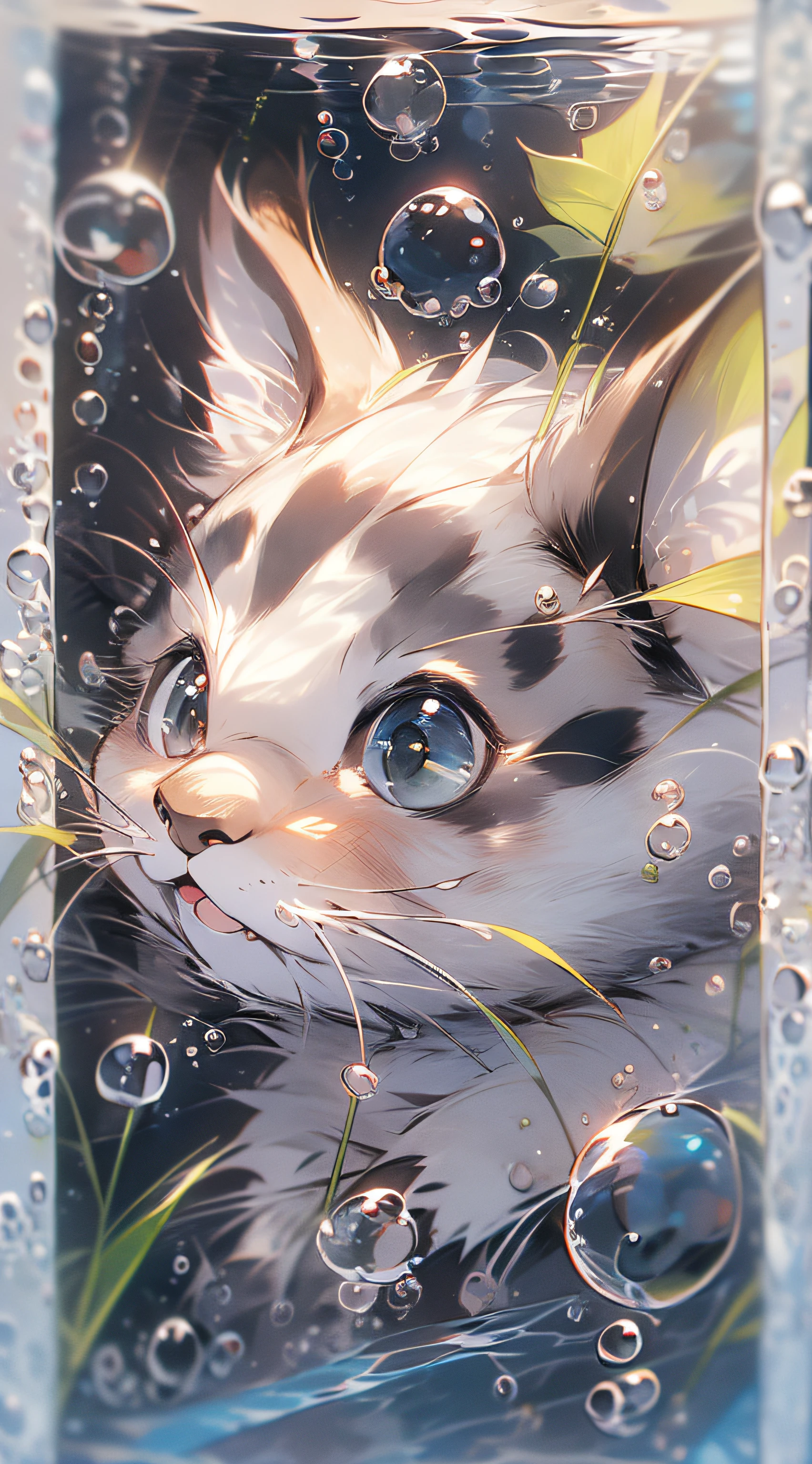 1 Cute puppet cat,closeup of face,portraitures,hairy pubic,leafs,No Man,under the water,water bubbles,Buble,higher details,Rich in color,adorable smile,最好质量,8K,high saturated