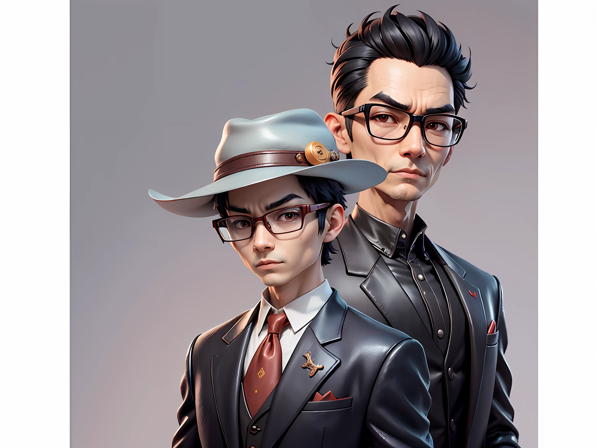 Young man with oriental face in leather hat, dragon, formal suit, short black hair, silver glasses, digital painting, 3D character design by Mark Clairedon and Pixar and Hayao Miyazaki and Akira Toriyama, the illustration is a high-definition illustration in 4K resolution with very detailed facial features and cartoon-style visuals.