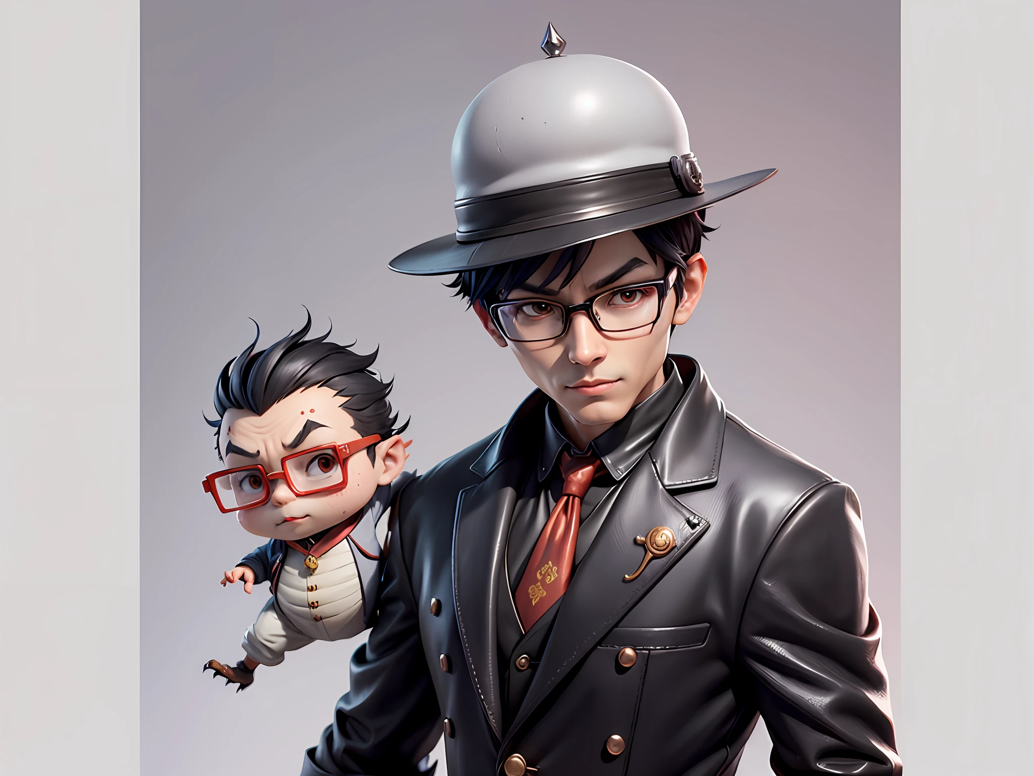 Young man with oriental face in leather hat, dragon, formal suit, short black hair, silver glasses, digital painting, 3D character design by Mark Clairedon and Pixar and Hayao Miyazaki and Akira Toriyama, the illustration is a high-definition illustration in 4K resolution with very detailed facial features and cartoon-style visuals.