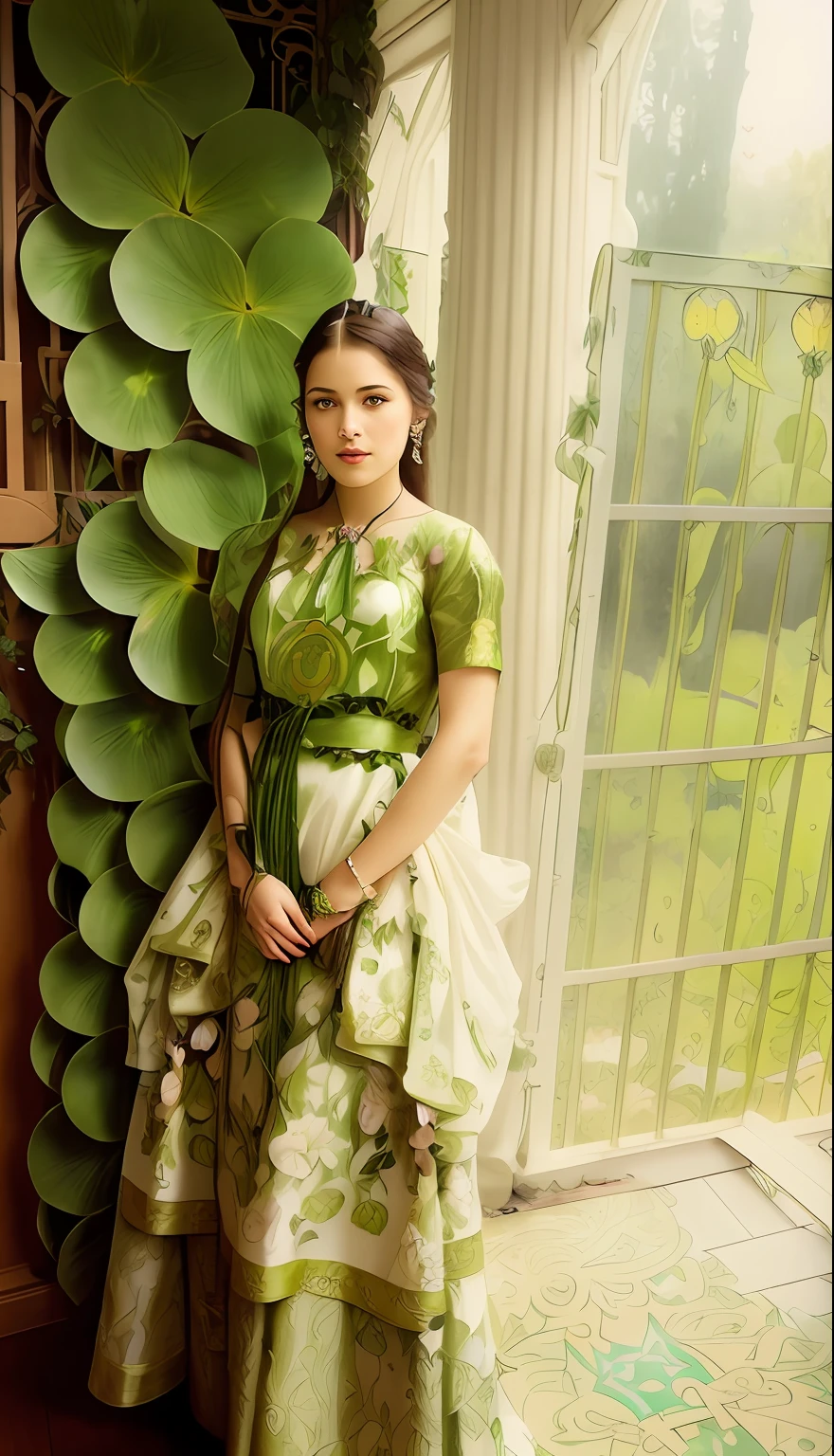 Try
Prompts
Copy
masterpiece, best quality, Alphonse Mucha, art nouveau, (tarot card style:1.3), unique tarot card framework incorporating floral and greenery elements, blunt bangs, black straight long hair, looking at viewer, Amidst a verdant garden, a mystical maiden in a blossoming gown dances with ethereal creatures, bathed in sunlight that illuminates flourishing flora and ancient tarot symbols, roses, lilies, cherry blossoms, irises, foliage, moss, and vines, elegant dresses inspired by nature, accessories including flower and leaf-designed necklaces, earrings, rings, bracelets, hair ornaments, butterflies, birds, bees, tarot symbols reimagined with floral and greenery designs, goddesses, natural backgrounds like gardens, forests, lakesides, effective use of light and shadow, realistic, hyper realistic lifelike 3d, zentangle,