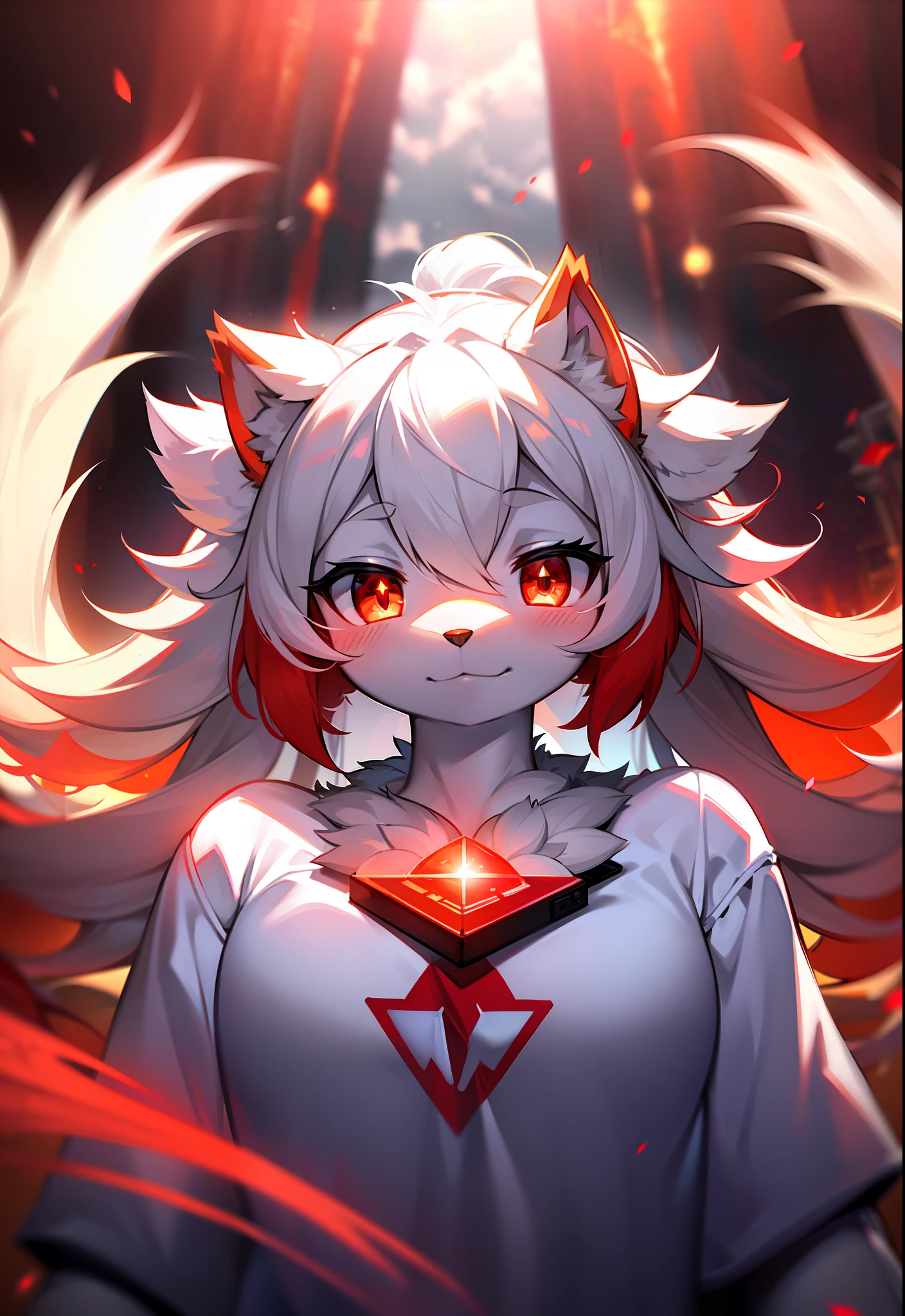 furry, white fur, ultra cute face, red elements on fur, glowing t-shrt, beautiful lights and shadows, ambient light, ultra detailed fur, volumetric light