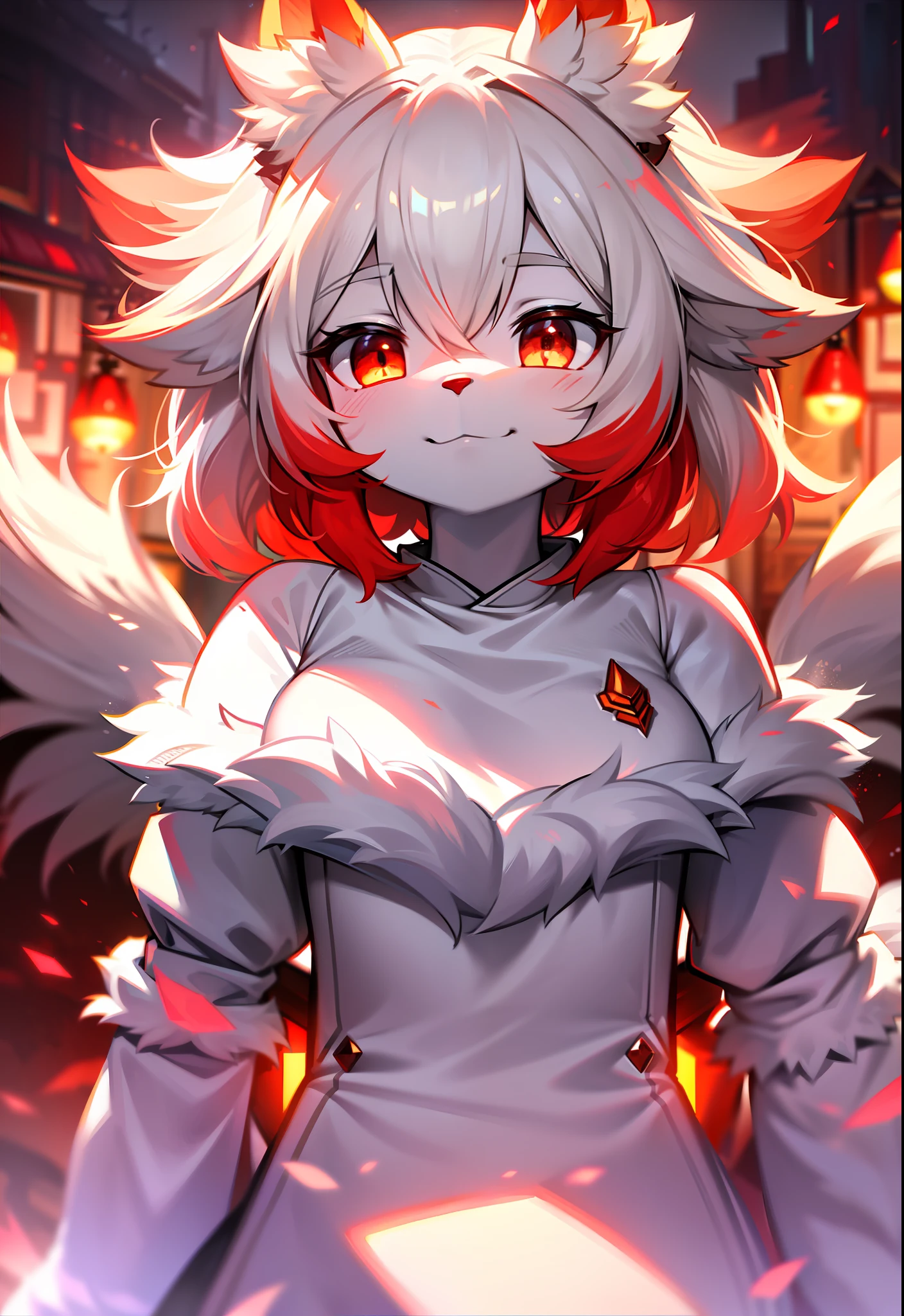 furry, white fur, ultra cute face, red elements on fur, glowing t-shrt, beautiful lights and shadows, ambient light, ultra detailed fur, volumetric light