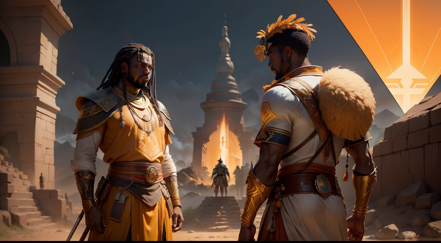 Full-length portrait of 2 African men, beautiful native Africans in traditional clothing, facing forward and in fighting stance, Empire of Axum, against an African aboriginal village background, a masterpiece, 8k resolution, dark fantasy concept art, by Greg Rutkowski, dynamic lighting, hyperdetailed, intricately detailed, Splash screen art, trending on Artstation, deep orange color, Unreal Engine, volumetric lighting, Alphonse Mucha, Jordan Grimmer, orange and yellow complementary colors.