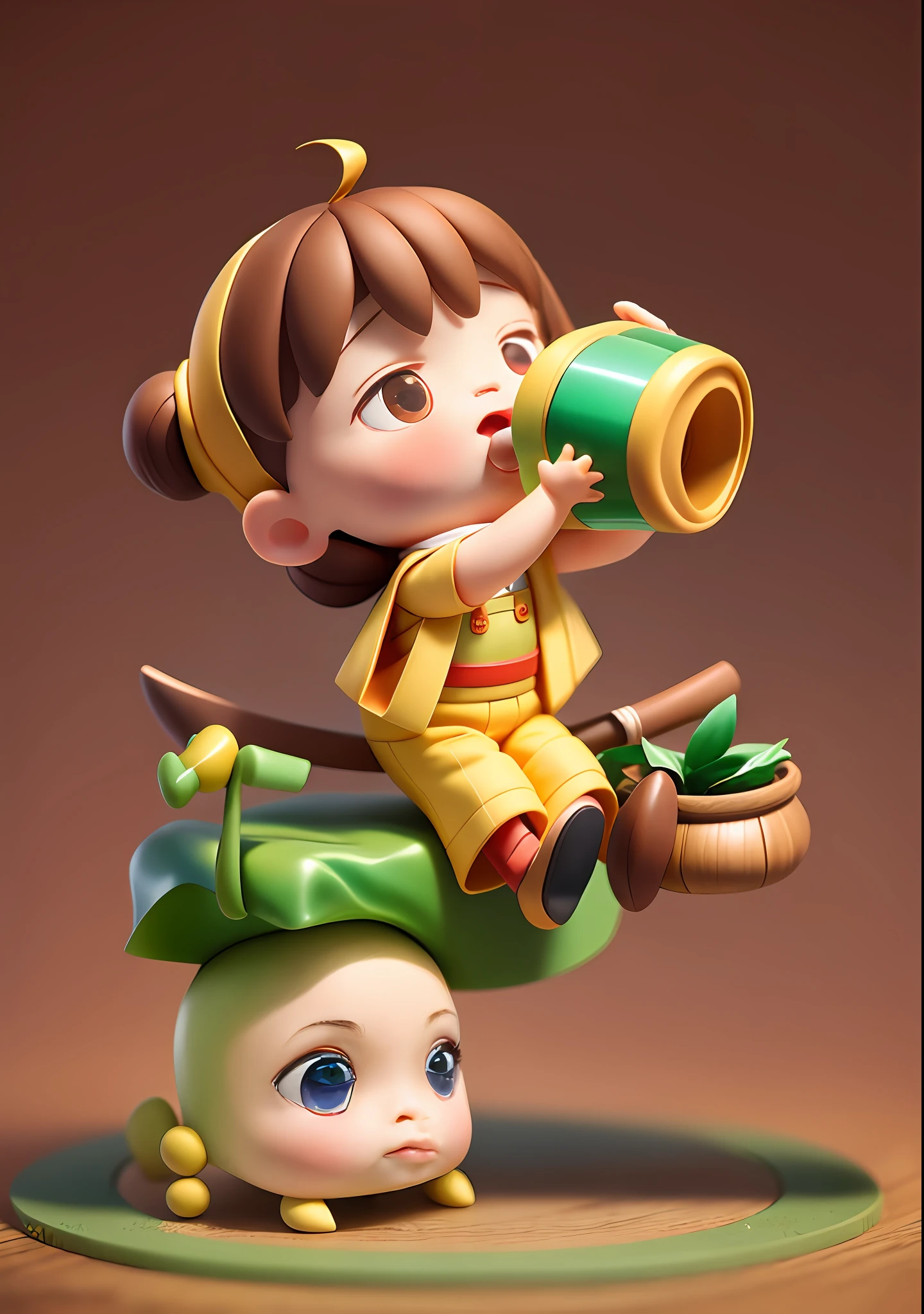 a blind box toy,A cute antique ,Drinking water,Brown hair long,Bunched hair,wearing a hanfu,Sit on the burden