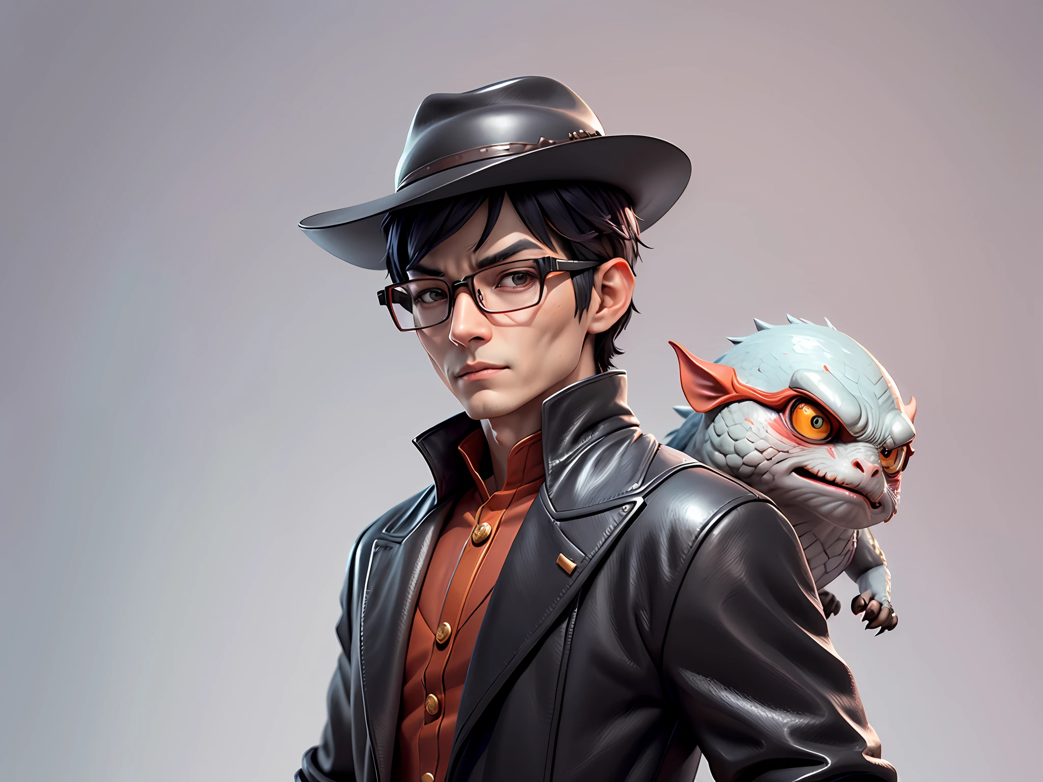 Young man with oriental face in leather hat, dragon, formal suit, short black hair, silver glasses, digital painting, 3D character design by Mark Clairedon and Pixar and Hayao Miyazaki and Akira Toriyama, the illustration is a high-definition illustration in 4K resolution with very detailed facial features and cartoon-style visuals.