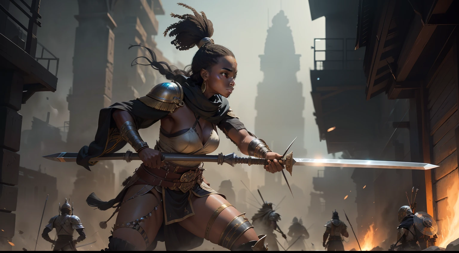 Ashanti warriors were equipped with swords, spears, and shields, and they were particularly skilled in close combat, sharp focus, emitting diodes, smoke, artillery, sparks, racks, system unit, motherboard, by pascal blanche rutkowski repin artstation hyperrealism painting concept art of detailed character design matte painting, 4 k resolution blade runner