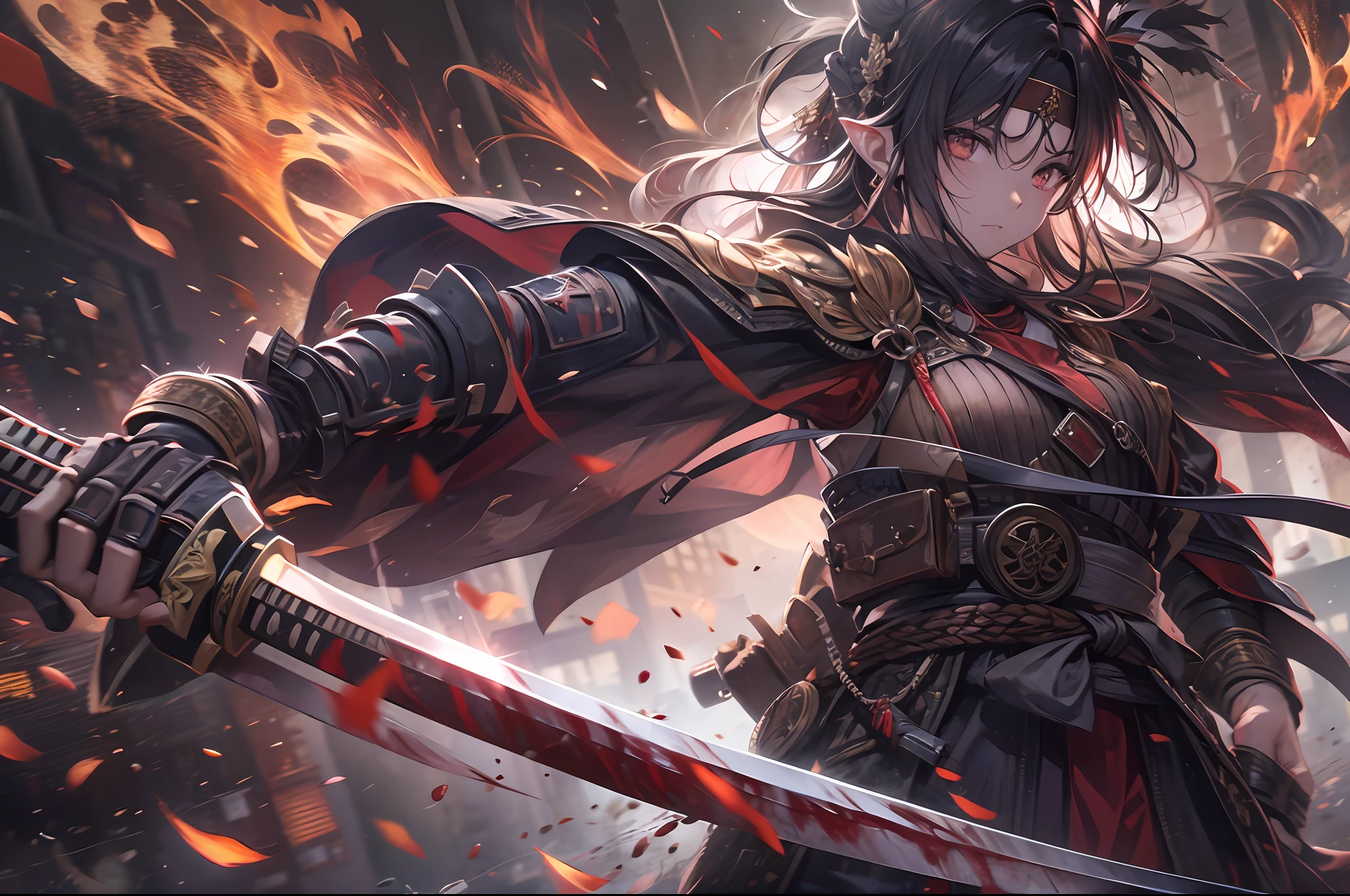 a beautiful female wields a katana to her enemy, in cracked black japanese armor without helmet, black headband on her forehead, blood and fire around the war field, ray tracing, reflection light, wide shot, motion blur, sparkle, masterpiece, high quality, best quality, high details, textured skin, anatomically correct, ccurate, UHD, 1080P