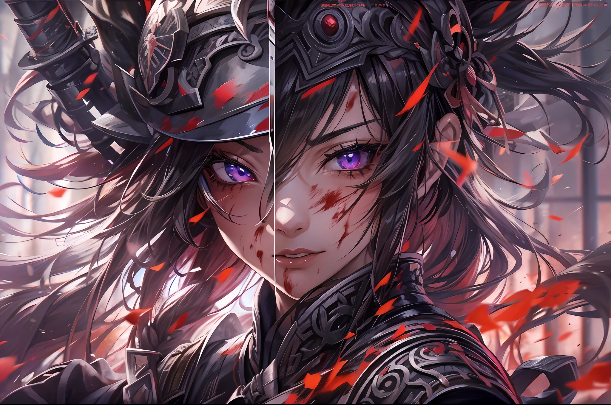 a beautiful female wields a katana to her enemy, in cracked black japanese armor without helmet, black headband on her forehead, blood and fire around the war field, ray tracing, reflection light, wide shot, motion blur, sparkle, masterpiece, high quality, best quality, high details, textured skin, anatomically correct, ccurate, UHD, 1080P