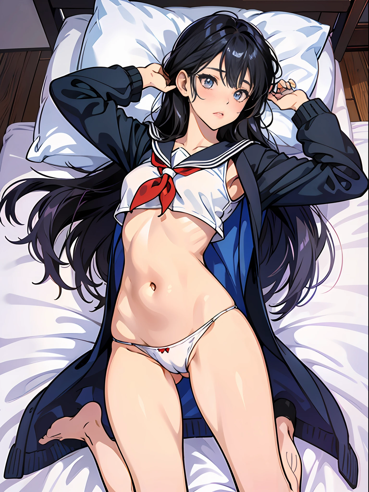 cute little、Amazing beautiful girl, Anime style, 、17 age、on the bed、A dark-haired、Straight hair、Glamour、Colossal tits、de pele branca、wide-open legs、Very embarrassing、red blush。 Best Quality , Textured skin、 high details, High quality,Semi-long hair、No shoes,I can see the belly button、nudde、fullnude,pubick hair、Black short socks、Pubic area、 hair、Open the crotch,、Tsurime,Troubled face、Anime-style eyes,Anime-style nose,Anime-style mouth、lie on one's side、Turn your pubic area towards me、eye glasses、Sailor Suit Jacket,There are highlights in the eyes、The pubic area is open、I want you to lick my pubic area、I want you to smell my pubic area、Lots of pubic hair、I'm lifting my legs.pussy