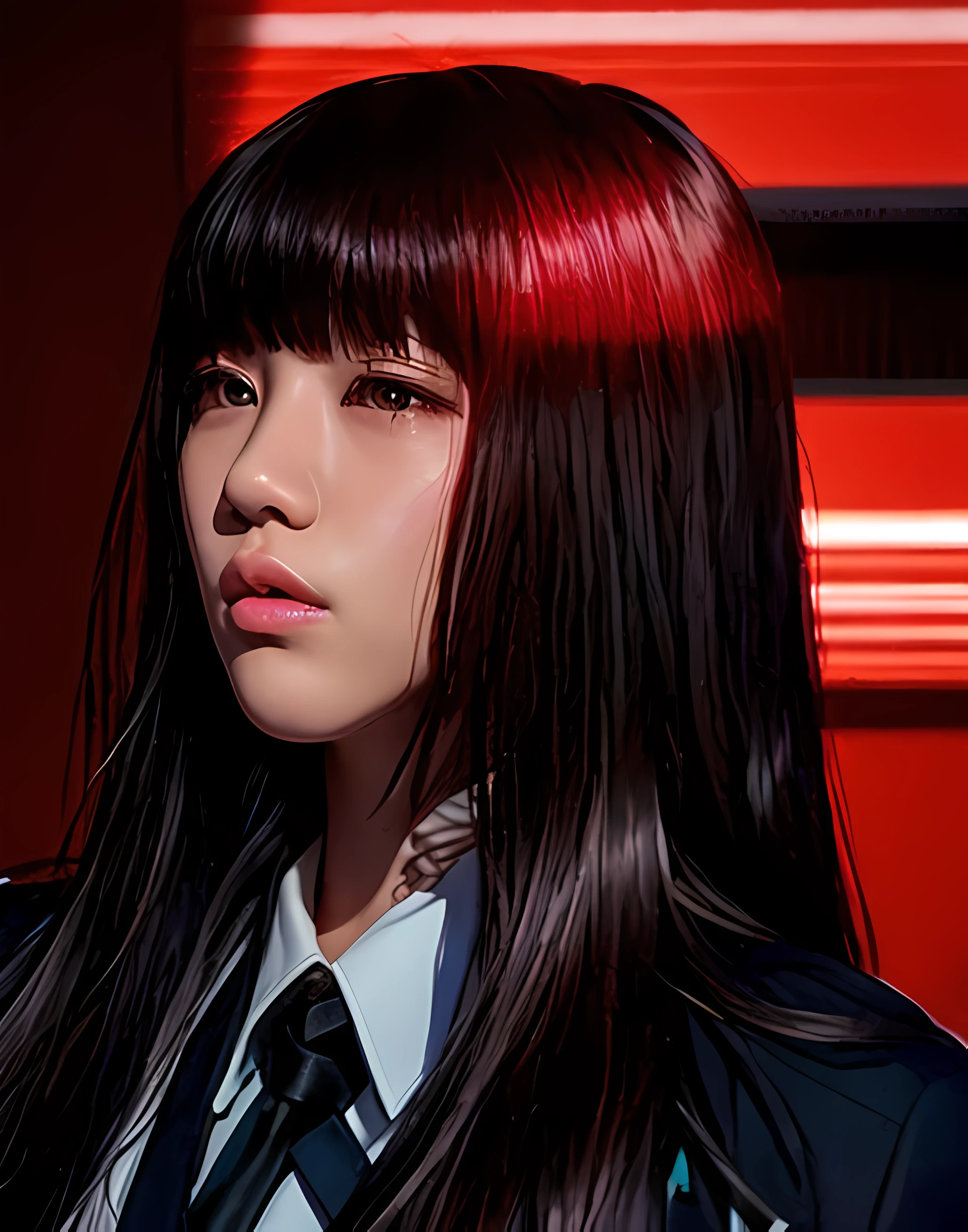 There's a woman with long hair wearing a tie and a jacket, Retrato de Jossi de Blackpink, Retrato Jisoo Blackpink, jossi do blackpink, Jisoo do Blackpink, Portrait of female Korean idol, jisoo do blackpink, Sui Ishida com cabelo preto, Seifuku, Ela tem cabelo preto com franja, Lalisa Manoban do Blackpink