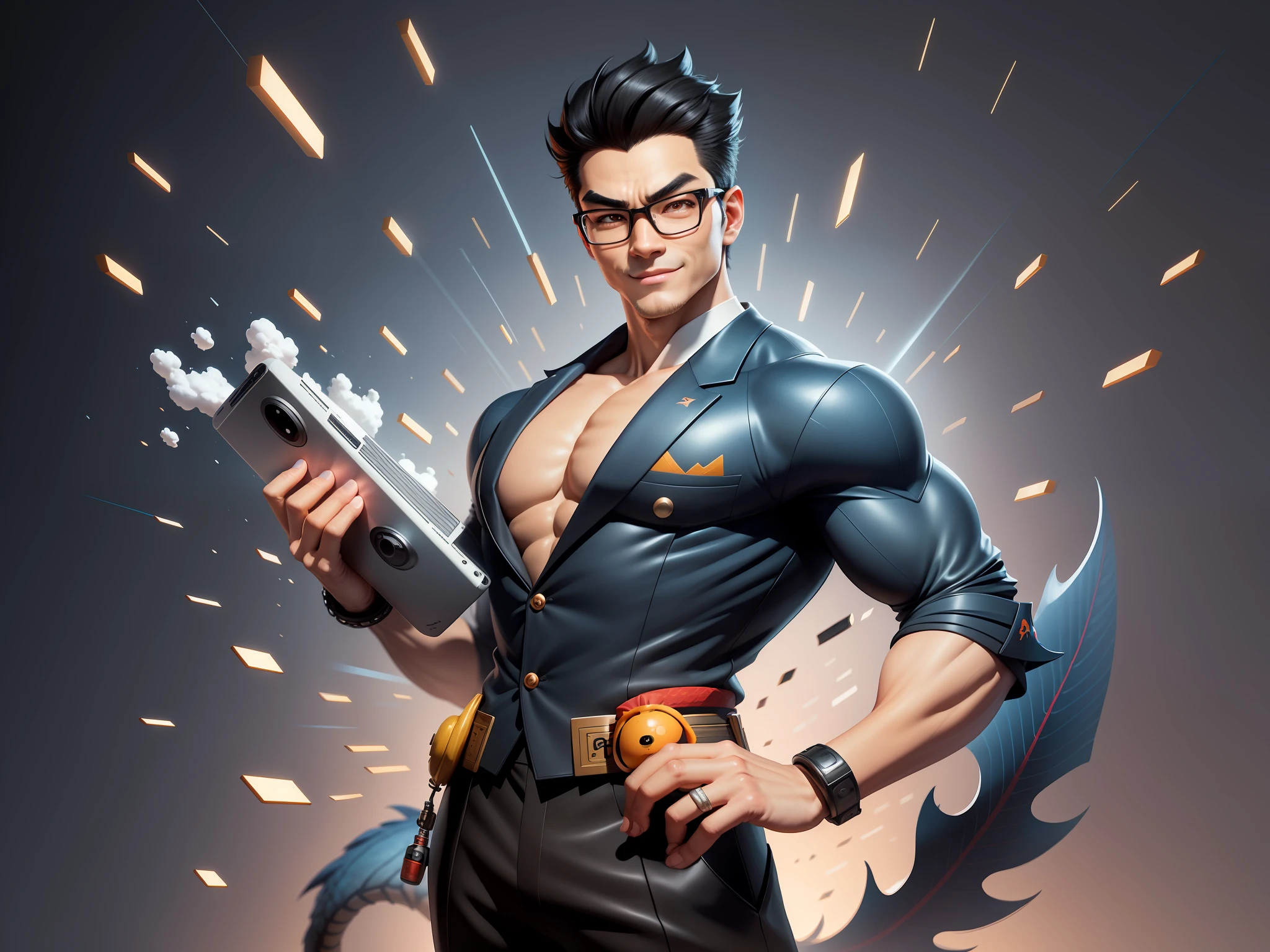 (Masterpiece), (Excellent), (Super Meticulous), (Full Body: 1.2), Super Young Man with Japanese Female Geisha, Pretty, Beautiful, Chinese Dragon, Tiger, Wind God Thor, Sexy, Bursting, Oriental Face, TV Anchor, Bust Portrait Illustration, Black Suit, Blue Tie, Slightly Chubby Face, Silver Glasses, Very Clean Face, No Beard on Chin, Black Super Short Hair, Black Eyes, Confident Smile, 3c Computer Sub-Products, iPad, iPhone, Digital Painting, 3D character design by Mark Clairedon and Pixar and Hayao Miyazaki and Akira Toriyama, the illustrations are HD illustrations in 4K resolution with highly detailed facial features and cartoon-style visuals.