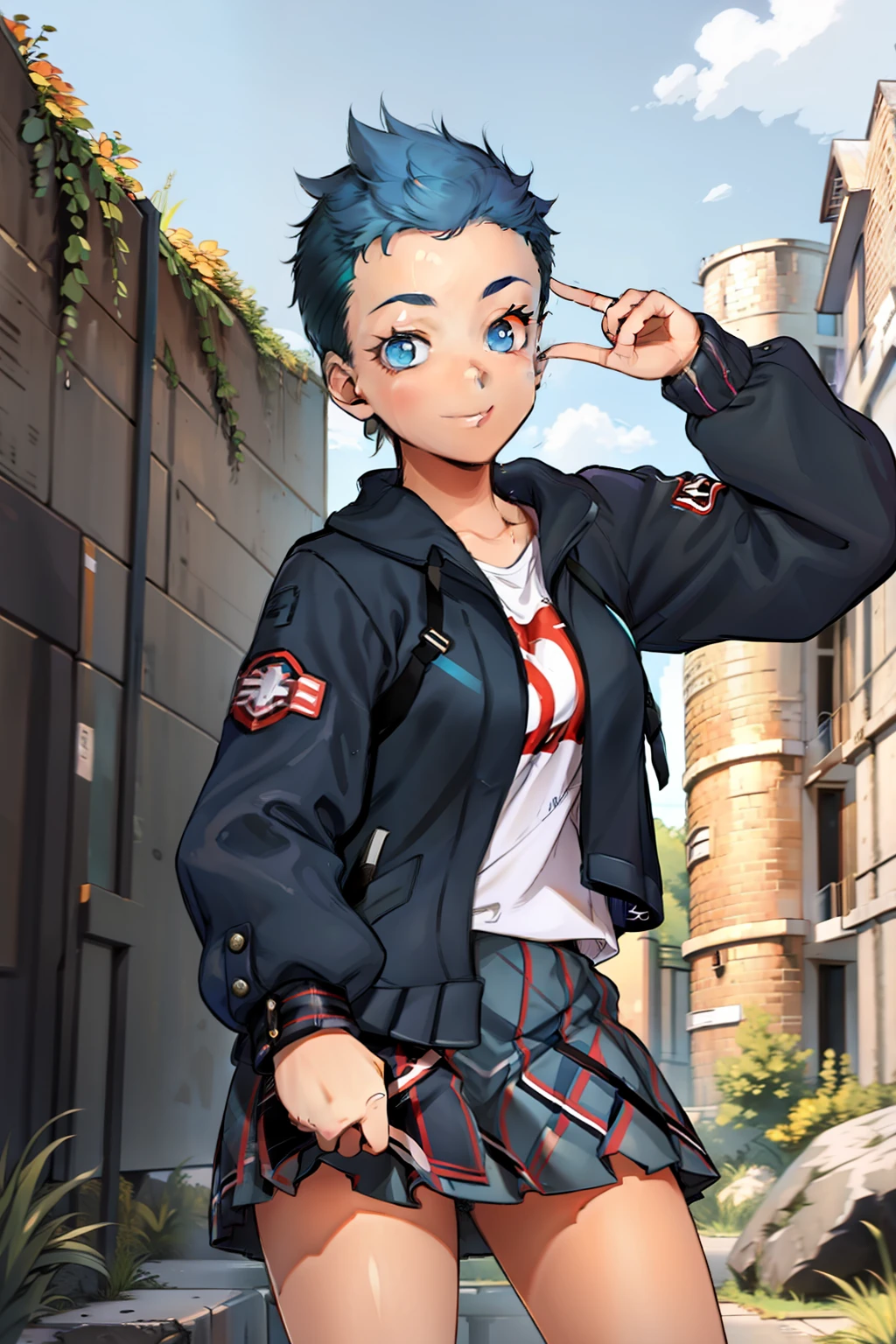 short hair girl, blue hair, British rock style girl, black letter jacket, plaid skirt, smiling, 4k, best resolution