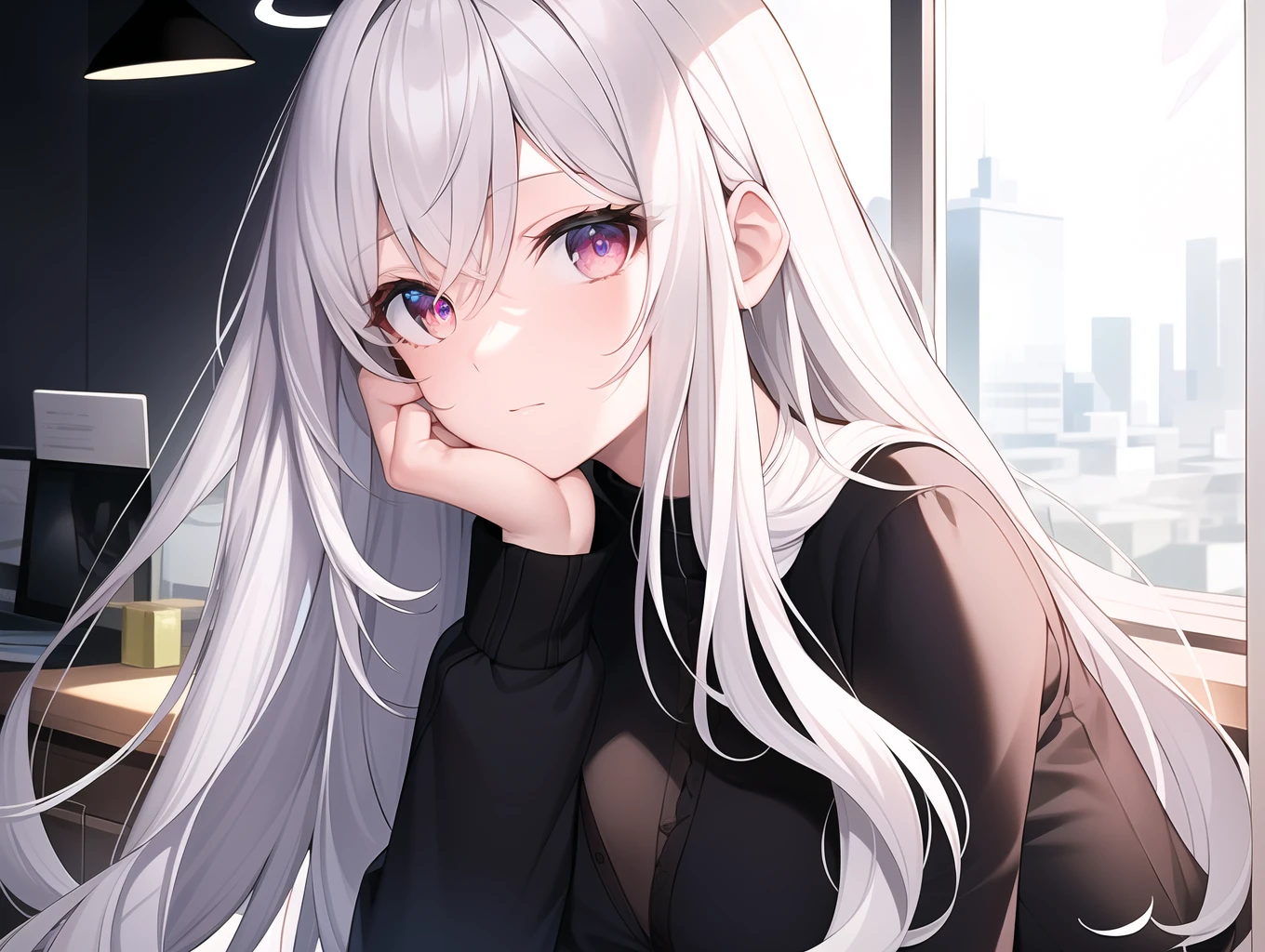 ((Masterpiece, Best quality))++, Detailed light+, Detail hair+, detail hand+ ,1girll, woman, Long hair, Crimson eyes, Beautiful eyes, Young gray hair,,(Beautiful white hair:1.5),(Beautiful detailed eyes), high resolution+, blacksilk , a black skirt, Glass tones, Reflective eyes, ((Halo)), {{Angle}} , extremelydetailedwallpaper, Original, ,