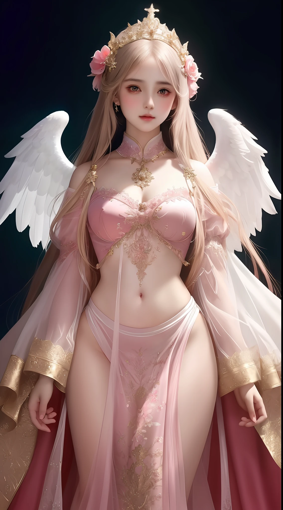 the perfect human model cute angelic girl posing, accurate details, detailed face, fantasy pink clothes, dramatic, intricate, elegant, highly detailed, digital painting, artstation, concept art, smooth, sharp focus, illustration, art by gustave dore, octane render, 4k