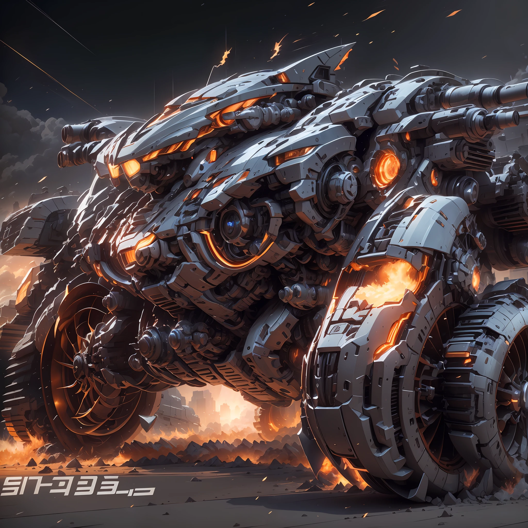 （Super mech sports car）、chariot，Sports cars，Back with a large amount of energy short barrels，Face the camera，Buildings、Energy cannon fire、Tall and mighty、strong armor、future-tech、Sharp lines、Dynamic styling、Mechanical joints、Armor plates、sensor、Energy weapons、Blazing energy、Light shining、Explosive effect、Smoke and dust filled the air、Tense atmosphere，（rendering by octane：1.4），best qualtiy，（Highly realistic），（Ultra-detailed details：1.5），c4d渲染，movie-level quality