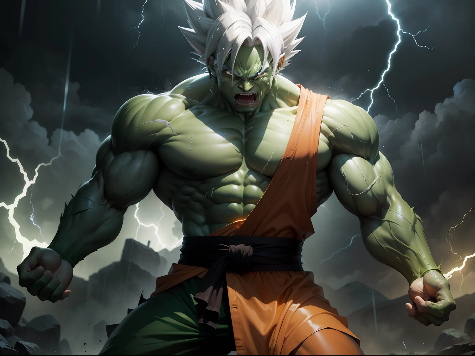 Goku as angry Hulk standing in the rain with Orange clothes, white hair and green skin collecting his power and strength , lightning in the background, highly detailed, hq 4k wallpaper, wallpaper 4k, futuristic style, wallpaper 4 k, highly detailed 4 k art, 4 k hd wallpaper very detailed, marvel art