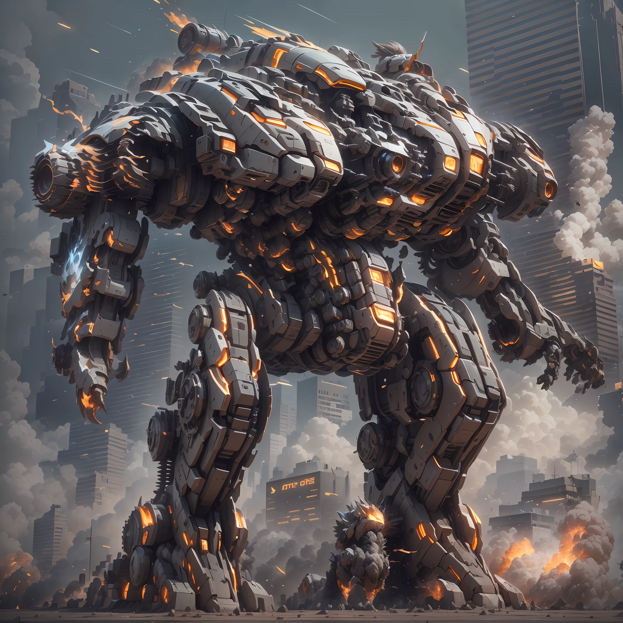(Super mech sports car)、chariot,Sports cars,Back with a large amount of energy short barrels,Face the camera,Buildings、Energy cannon fire、Tall and mighty、strong armor、future-tech、Sharp lines、Dynamic styling、Mechanical joints、Armor plates、sensor、Energy weapons、Blazing energy、Light shining、Explosive effect、Smoke and dust filled the air、Tense atmosphere,(rendering by octane:1.4),best qualtiy,(Highly realistic),(Ultra-detailed details:1.5),c4d渲染,movie-level quality