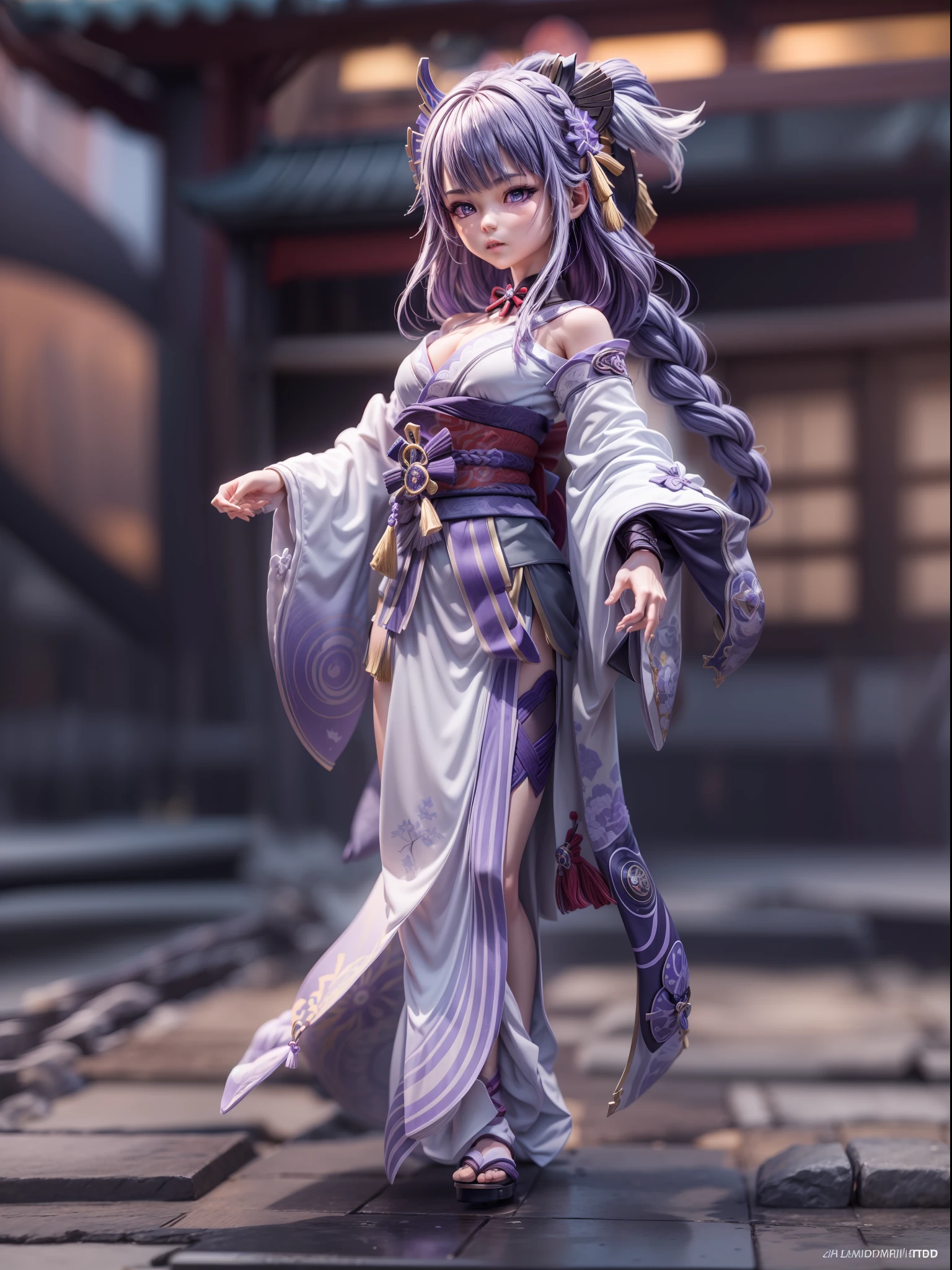 (Blind box toy style:1.2), ((Full body photo:1.5)) , 1 masterpiece, ((anatomy correct:1.4))，Best quality,,(((Raiden Shogun))) (Genshin Impact), long whitr hair，Purple braid, 1 girl solo, Slim little kimono，Purple stockings，The clothes slipped off the shoulders，Expose the upper half of the chest， dreamy glow, Clean, Purple clean background ( Global illumination, Ray traching, hdr, unreal render,reasonable design, high detal, Masterpiece, Best quality, hyper HD, Cinematic lighting)