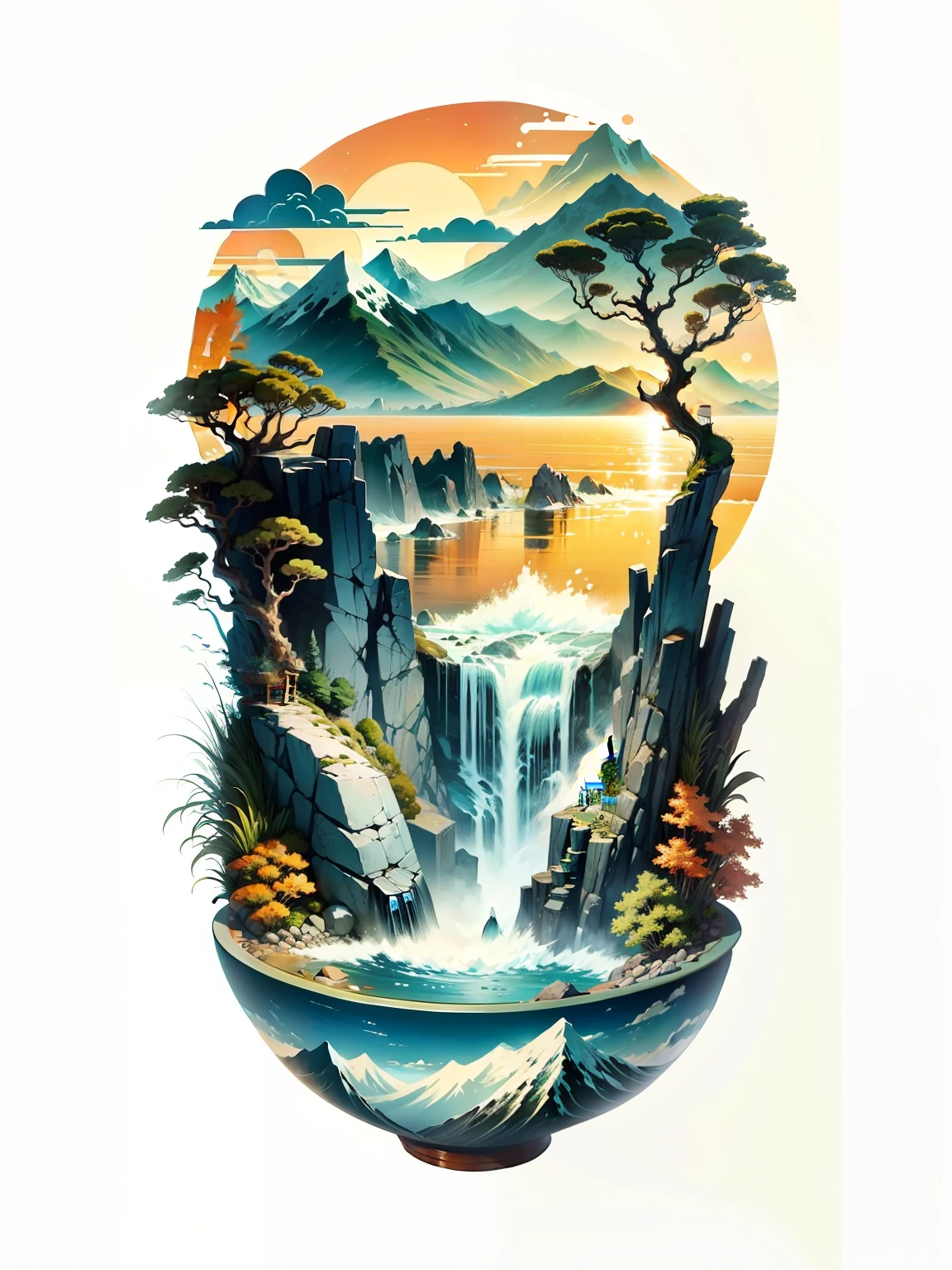 The bowl contains mountains and the sea,National tide manga style
