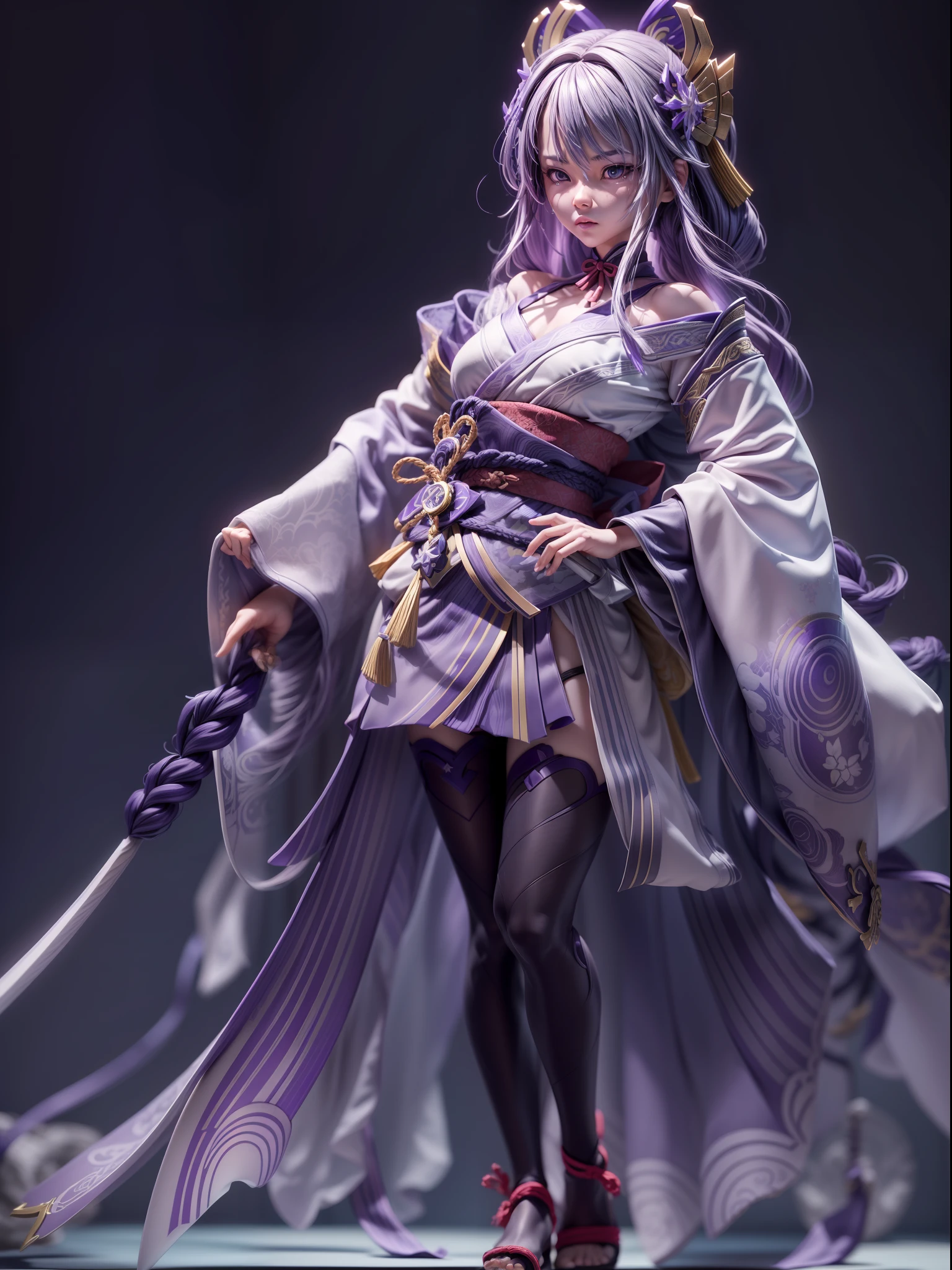 (Blind box toy style:1.2), ((Full body photo:1.5)) , 1 masterpiece, ((anatomy correct:1.4)),Best quality,,(((Raiden Shogun))) (Genshin Impact), long whitr hair,Purple braid, 1 girl solo, Slim little kimono,Purple stockings,The clothes slipped off the shoulders,Expose the upper half of the chest, dreamy glow, Clean, Purple clean background ( Global illumination, Ray traching, hdr, unreal render,reasonable design, high detal, Masterpiece, Best quality, hyper HD, Cinematic lighting)