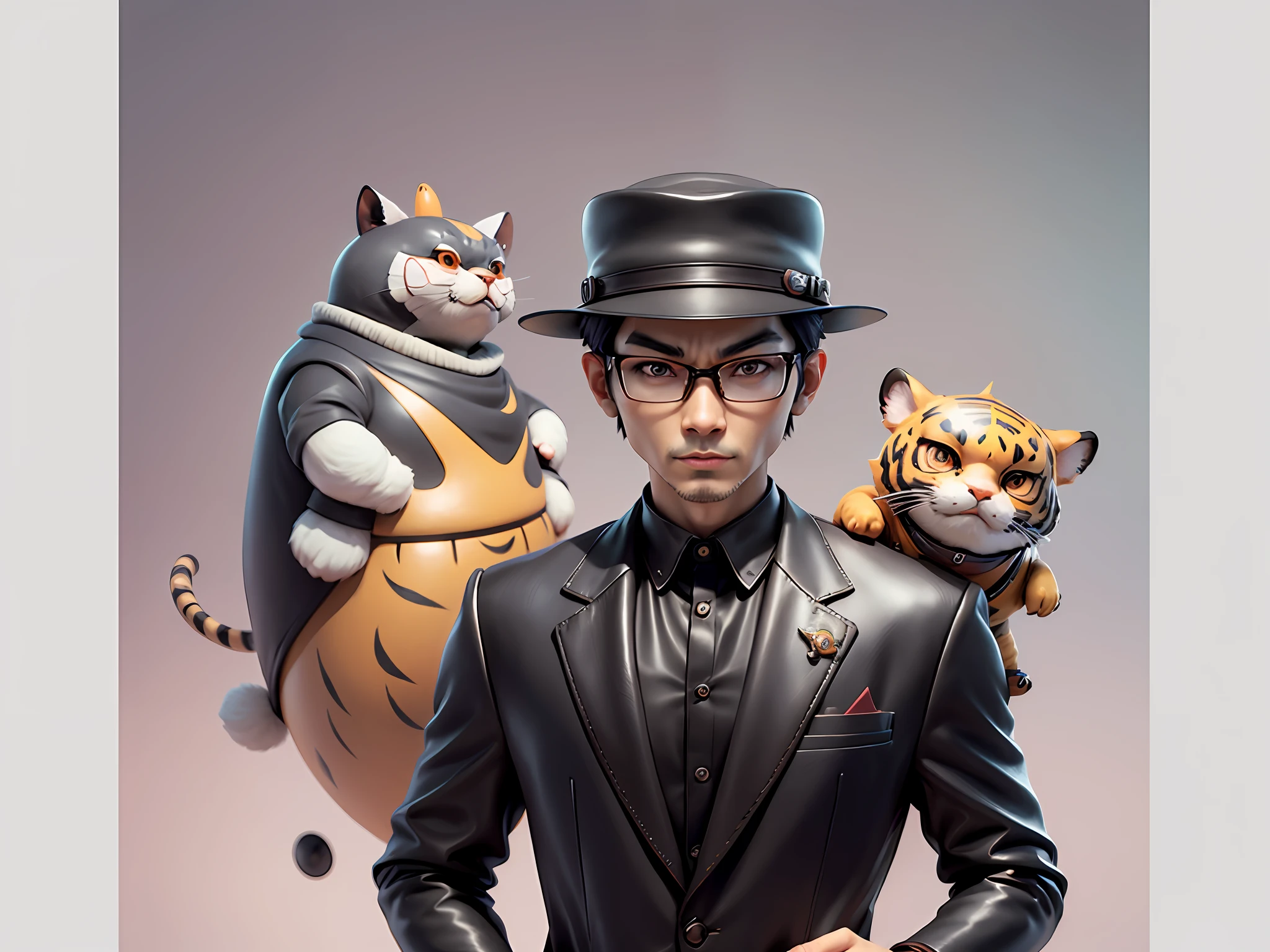 Young man with oriental face in leather hat, tiger, oriental face in formal suit, short black hair, silver glasses, digital painting, 3D character design by Mark Clairedon and Pixar and Hayao Miyazaki and Akira Toriyama, the illustration is a high-definition illustration in 4K resolution with very detailed facial features and cartoon-style visuals.