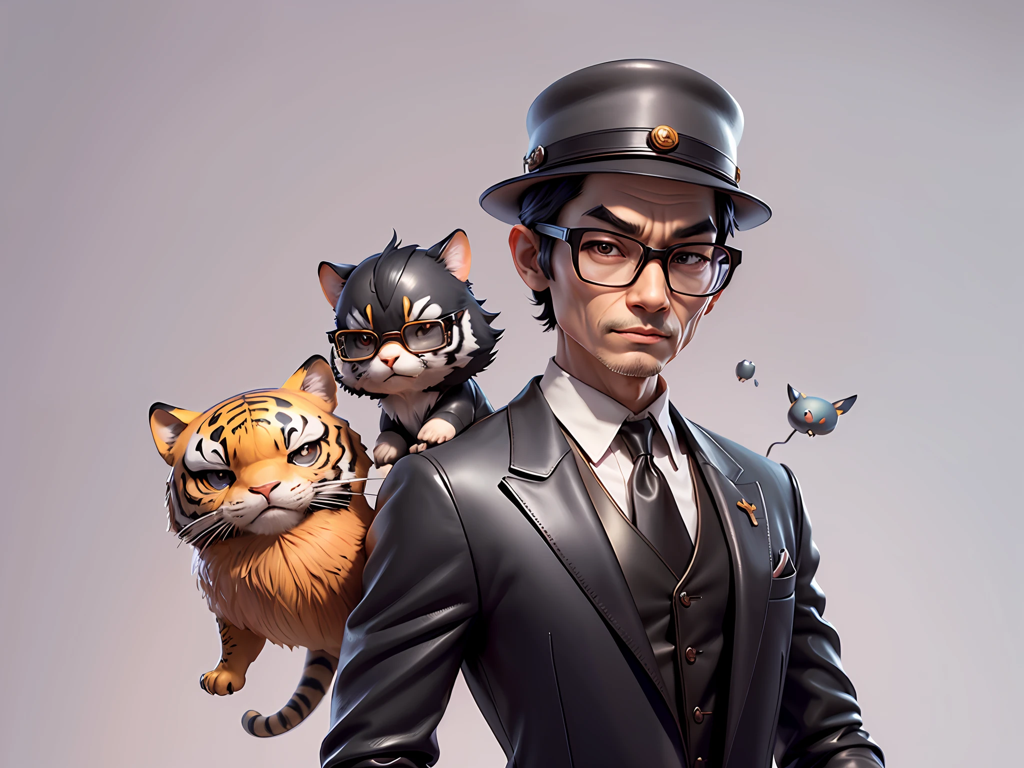 Young man with oriental face in leather hat, tiger, oriental face in formal suit, short black hair, silver glasses, digital painting, 3D character design by Mark Clairedon and Pixar and Hayao Miyazaki and Akira Toriyama, the illustration is a high-definition illustration in 4K resolution with very detailed facial features and cartoon-style visuals.