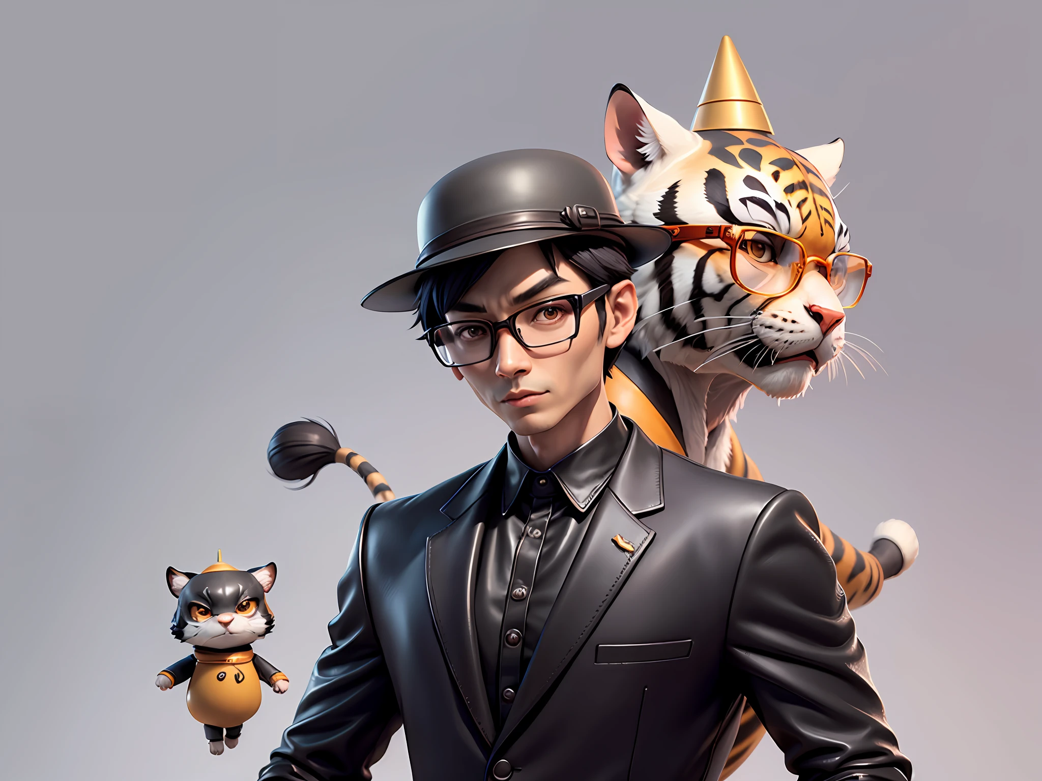 Young man with oriental face in leather hat, tiger, oriental face in formal suit, short black hair, silver glasses, digital painting, 3D character design by Mark Clairedon and Pixar and Hayao Miyazaki and Akira Toriyama, the illustration is a high-definition illustration in 4K resolution with very detailed facial features and cartoon-style visuals.