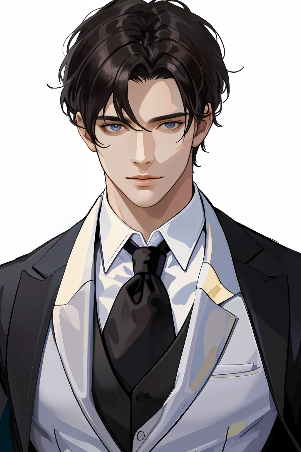 masterpiece, top-quality, realisitic, 1 persons, Men's Focus,, tall muscular, a handsome, Adonis, portraitures, extra detailed face, (Dark hair), Untidy hair, Simple business suit、Black tie、white plain background