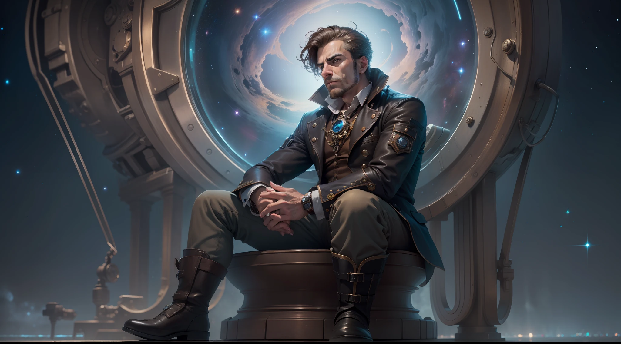 a pensive man seated on a toilet, with a contemplative expression, a galaxy in the background, style steampunk