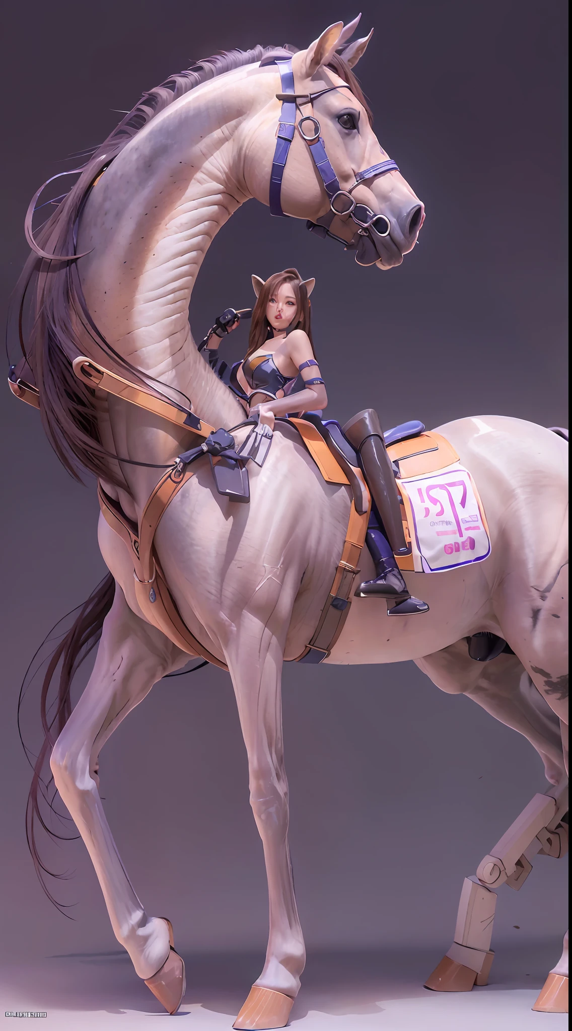 A female centaur，She is famous in the multiverse，She is both a female centaur, half human, half horse, half horse，It is also a female Yingzhao。She blends both images，The first is the head of a horse/neck/Shoulder these parts，After feminization，The upper body transforms into a beautiful female human，Female, half-centaur, half-human, half-horse, half-human，The second is the waist of the horse/hason/gluteal/Legs feminine，Female half-horse with beautiful woman's，Chimer，It's like a female human wearing a half-horse-like costume and making a seamless chimera，This chimerization is based on powerful futuristic technology。The ultra-wide-angle lens captures the image of her sleek and ethereal wings charging and leaping on the ionosphere。Her front half is distinctly feminine，Tall sexy body，Has K cup teardrop-shaped giant tit chest，It has a small man's waist butterfly spanning long legs，The half-horse part of the hind body，Embedded interface in the front half of the body hip position。The horse-shaped, half-horse torso form of her back body is completely female and humanized。A sexy bent dog-style shaped ribcage embedded in the lower back position of the beautiful woman's body from the upper end of the sternum/lower back/Ventral transverse。Then there are the sexy beauty's upright hips，Her entire body has been completely feminized，Including the half-horse part。Mechanized armor covers the legs with knee-shaped anti-joints and feet，And these parts are highly anthropomorphic，This makes her legs graceful and slender，Her four horse legs are bursting in length proportions, and she is slender and toned，Under the legs are skinny white feet dressed in Skyscraper Heels，Use Midjourney's advanced stroke tools and color palettes, as well as texture packs, model packs, and texture tools，Concentration，Femaleize all parts of her original equine physiologic appearance，And give these parts an ergonomic appearance，Fine treatment of the thoracic and abdominal cavity of the posterior body，As well as h