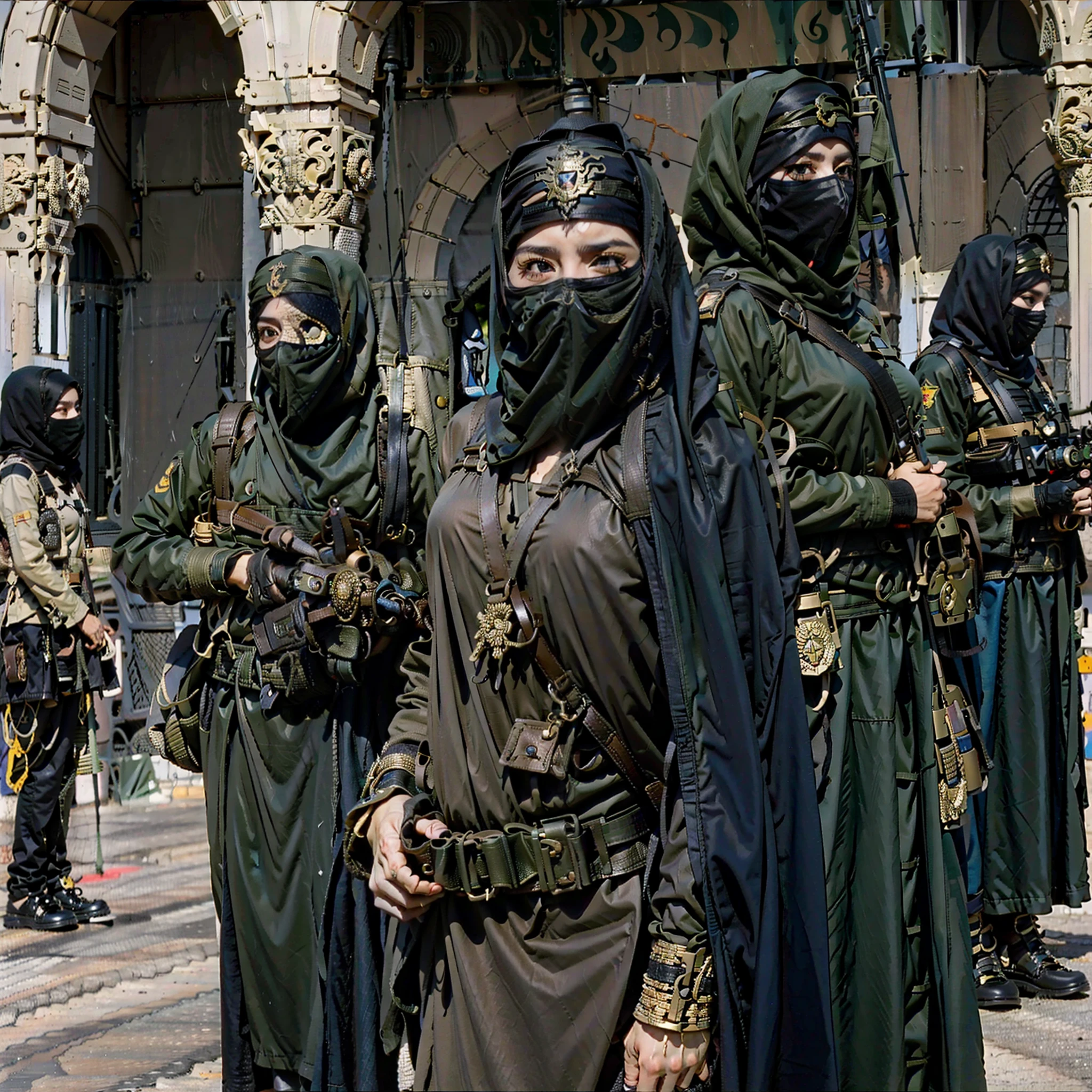 Cyberpunk Arabian style，Arab Luxury Women's Military Academy，Luxurious décor，Fabric decoration，Weapon decorations， army car，fighter jets，helicoptere，Three beautiful Arab officers，Wearing the uniform of a modern Arab officer，Covered with an Arabian burqa（Burqa），Arabic hijab（hijabi sluty），Arabian veil（niqab），Black hood，Black mask，bound waist，masked，Only the eyes are exposed，Sharp eyes，Stand in a row at the military academy，Holding the military flag，All masked，Perfectcomposition