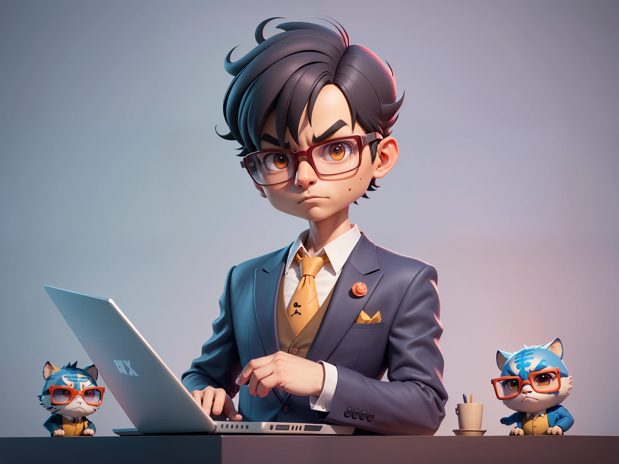 A young man in a suit, Short hair and glasses sat at his desk,holding laptop,digitial painting,tigre,3D character design by Mark Clairen and Pixar and Hayao Miyazaki and Akira Toriyama,4K HD illustration,Very detailed facial features and cartoon-style visuals。